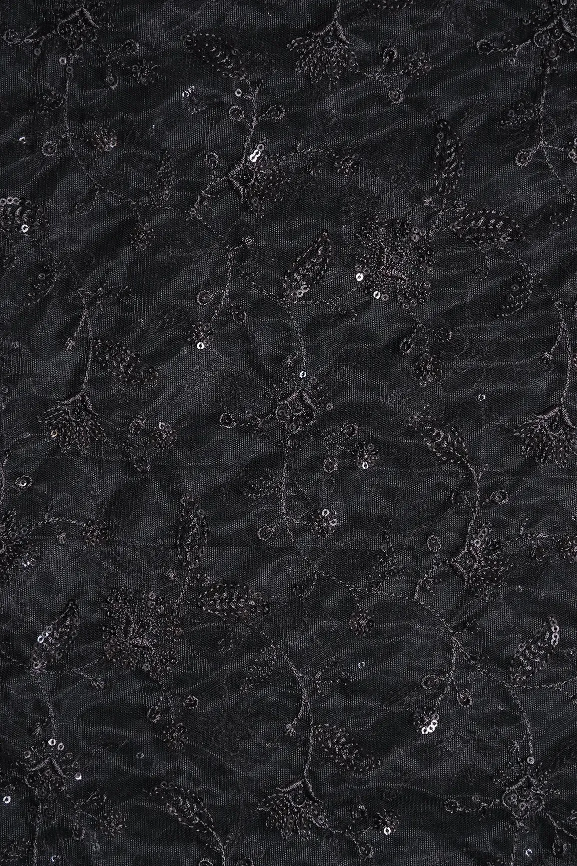 Black Thread With Black Sequins Floral Embroidery On Black Soft Net Fabric