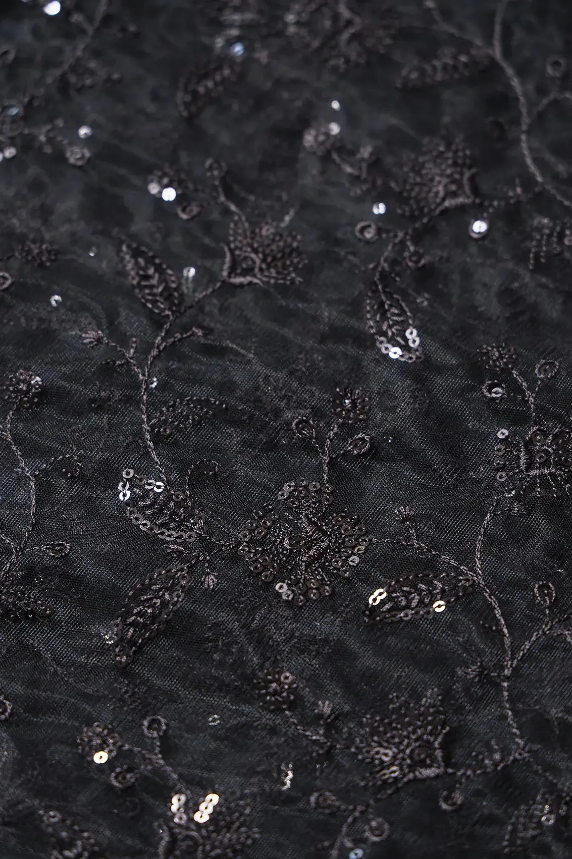 Black Thread With Black Sequins Floral Embroidery On Black Soft Net Fabric