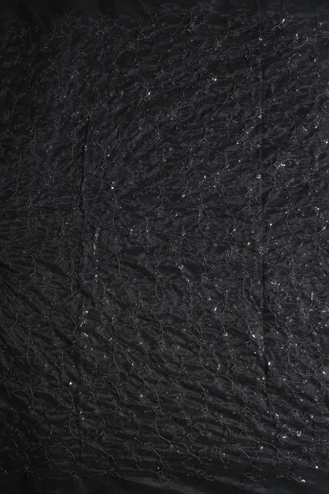 Black Thread With Black Sequins Floral Embroidery On Black Soft Net Fabric