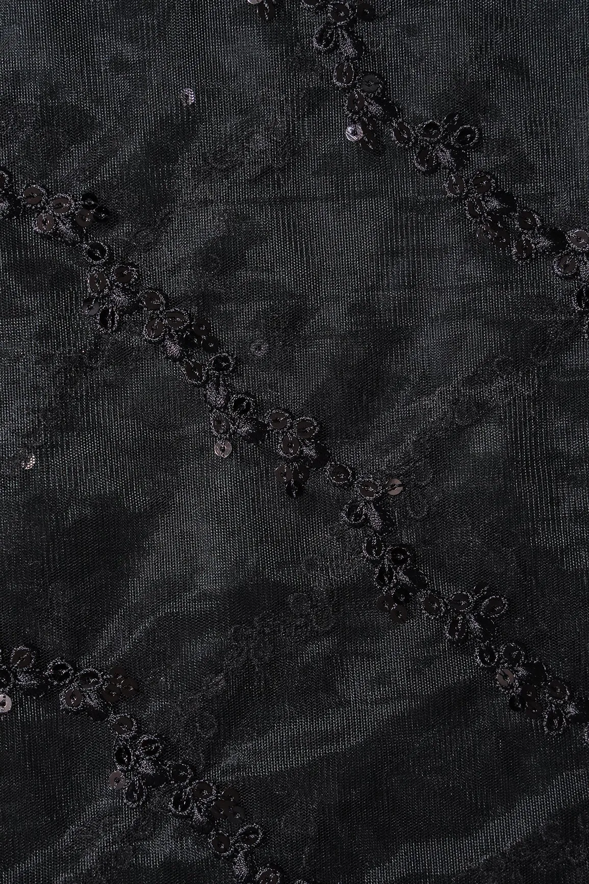 Black Thread With Sequins Strip Embroidery Work On Black Soft Net Fabric