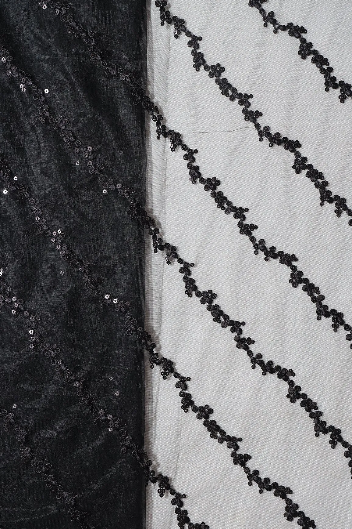 Black Thread With Sequins Strip Embroidery Work On Black Soft Net Fabric