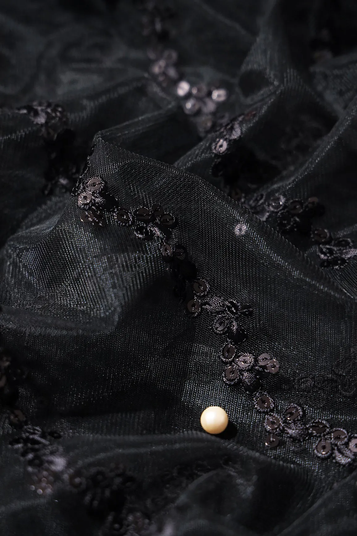 Black Thread With Sequins Strip Embroidery Work On Black Soft Net Fabric