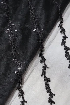 Black Thread With Sequins Strip Embroidery Work On Black Soft Net Fabric