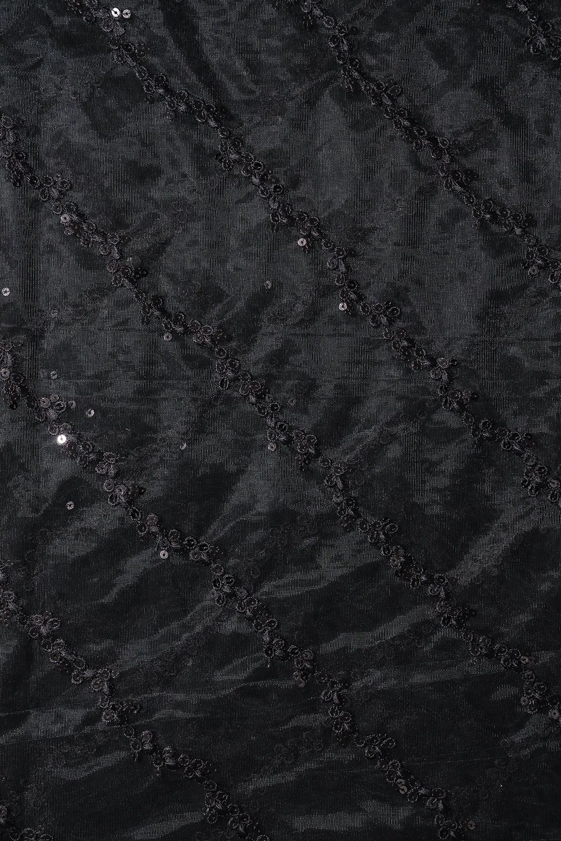 Black Thread With Sequins Strip Embroidery Work On Black Soft Net Fabric