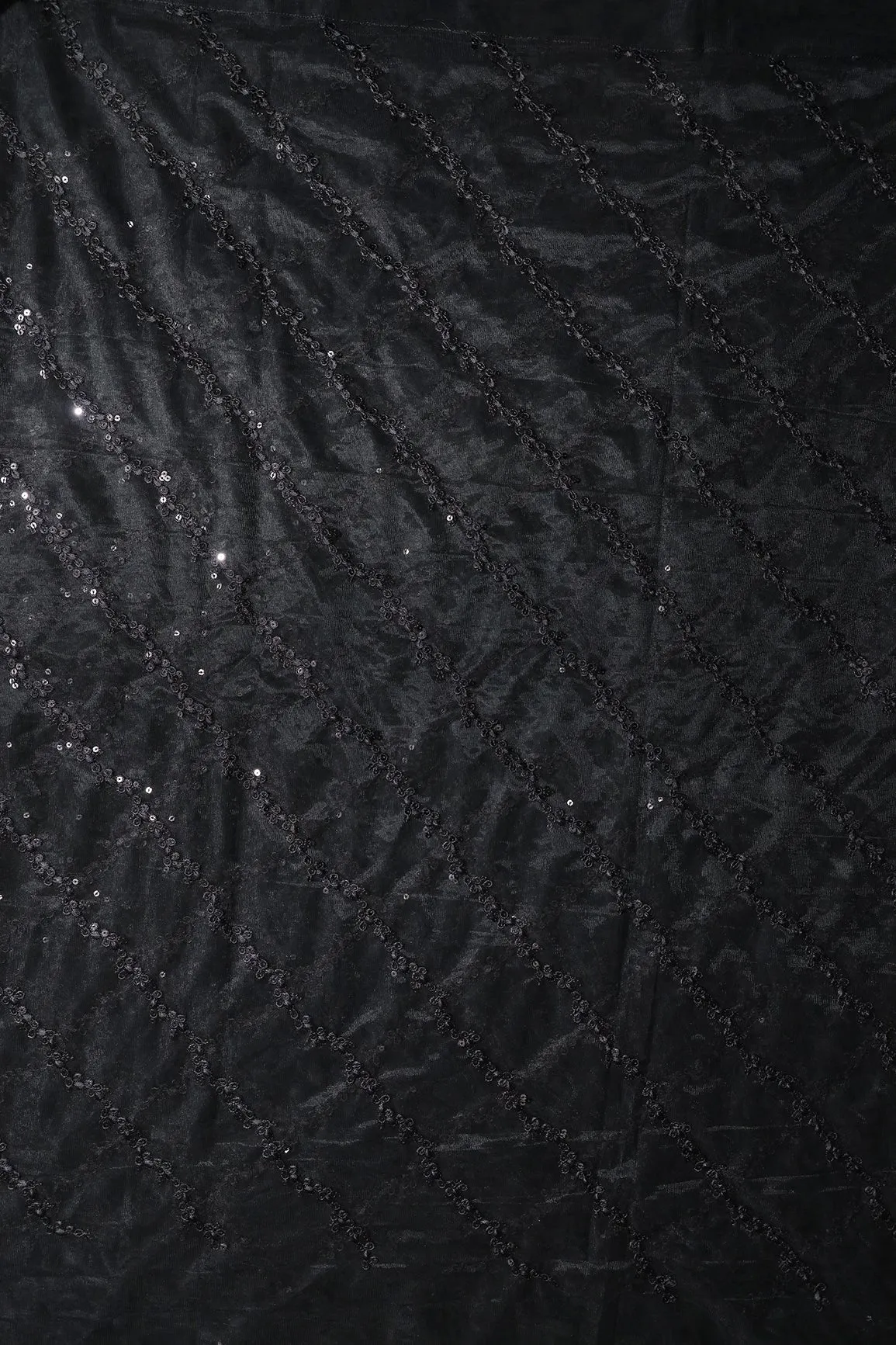 Black Thread With Sequins Strip Embroidery Work On Black Soft Net Fabric