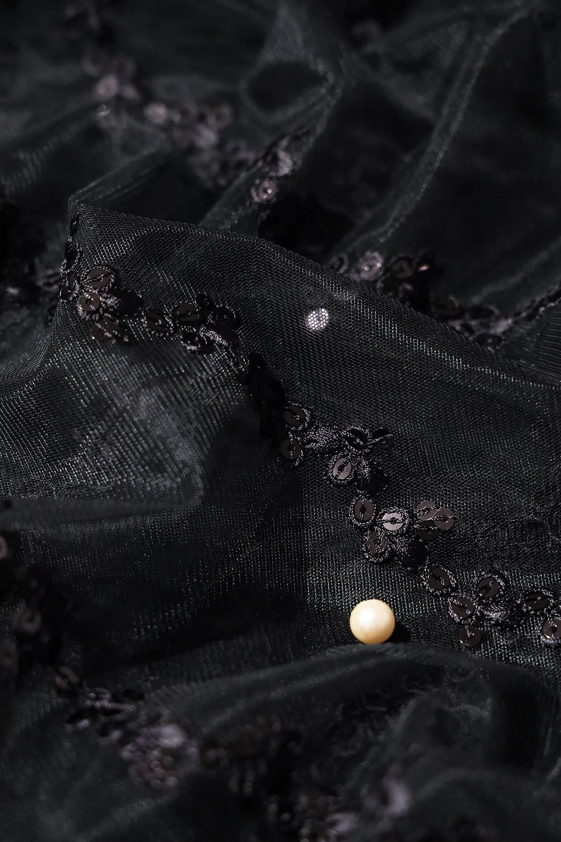Black Thread With Sequins Strip Embroidery Work On Black Soft Net Fabric