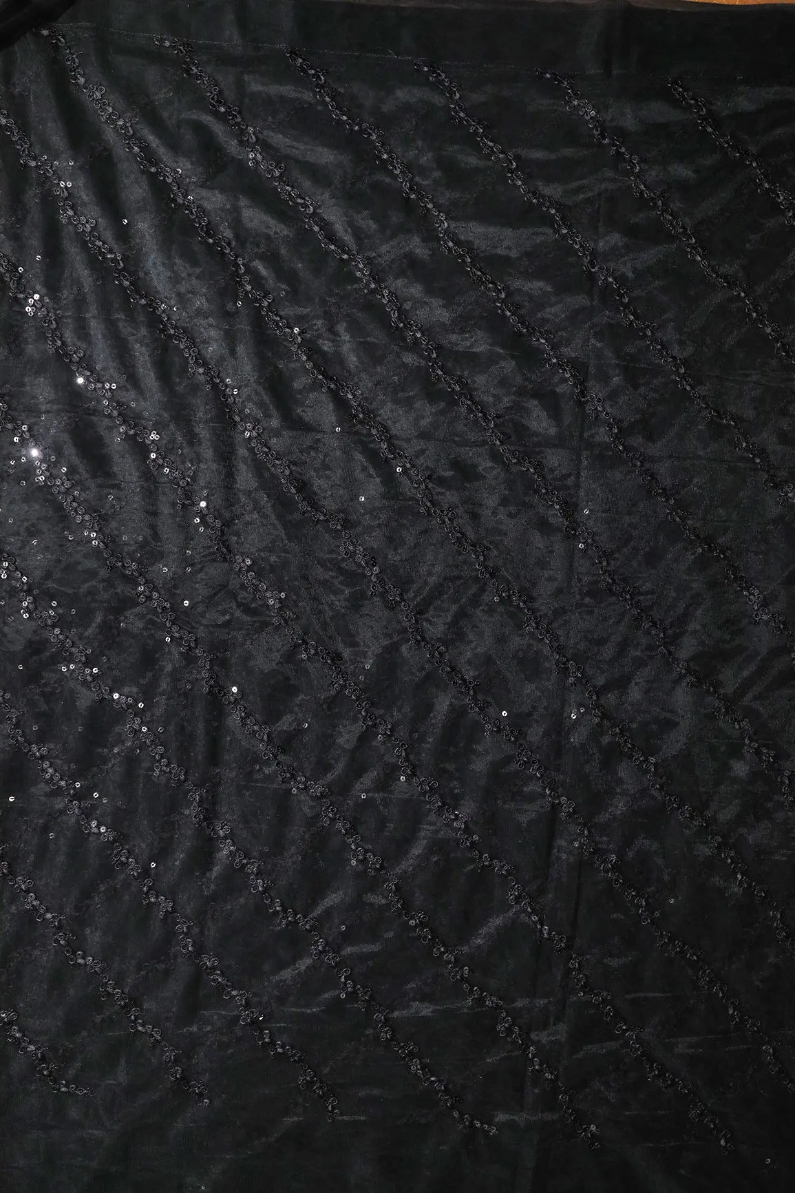 Black Thread With Sequins Strip Embroidery Work On Black Soft Net Fabric
