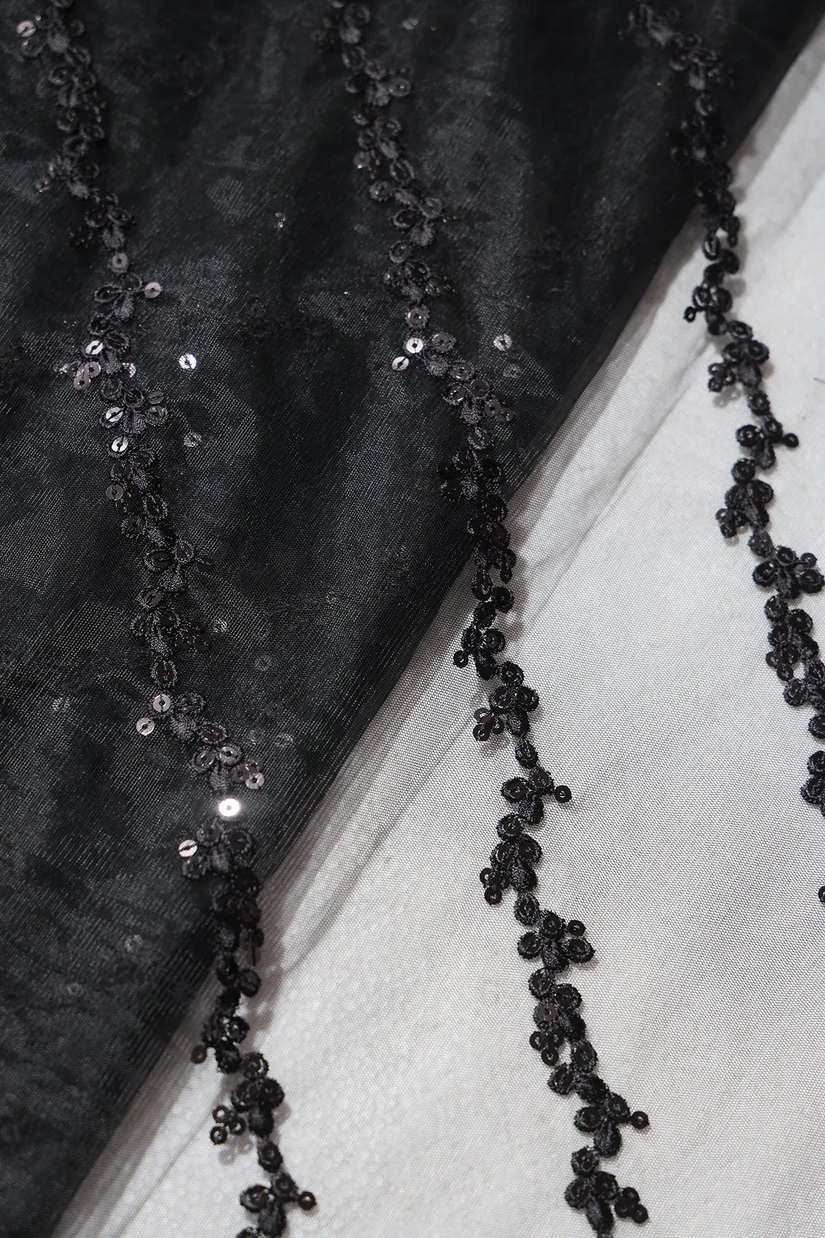 Black Thread With Sequins Strip Embroidery Work On Black Soft Net Fabric