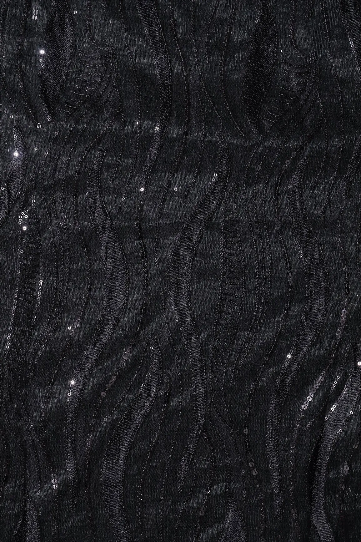 Black Thread With Sequins Wavy Embroidery Work On Black Soft Net Fabric
