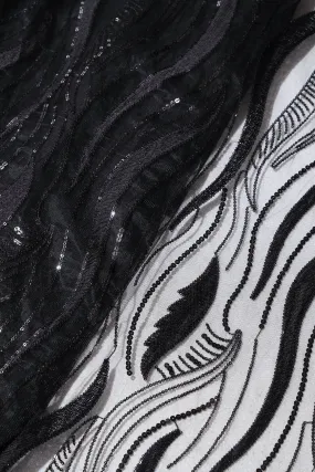 Black Thread With Sequins Wavy Embroidery Work On Black Soft Net Fabric