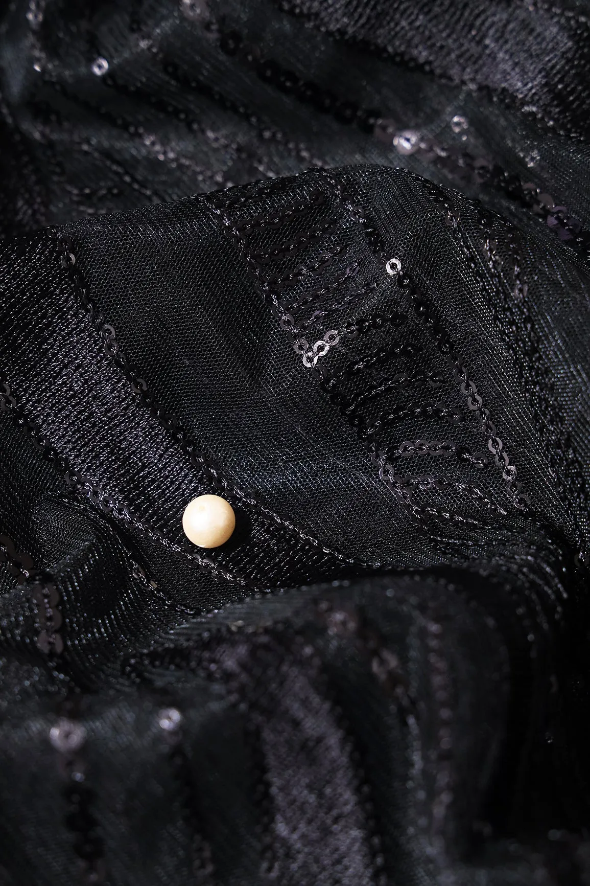 Black Thread With Sequins Wavy Embroidery Work On Black Soft Net Fabric