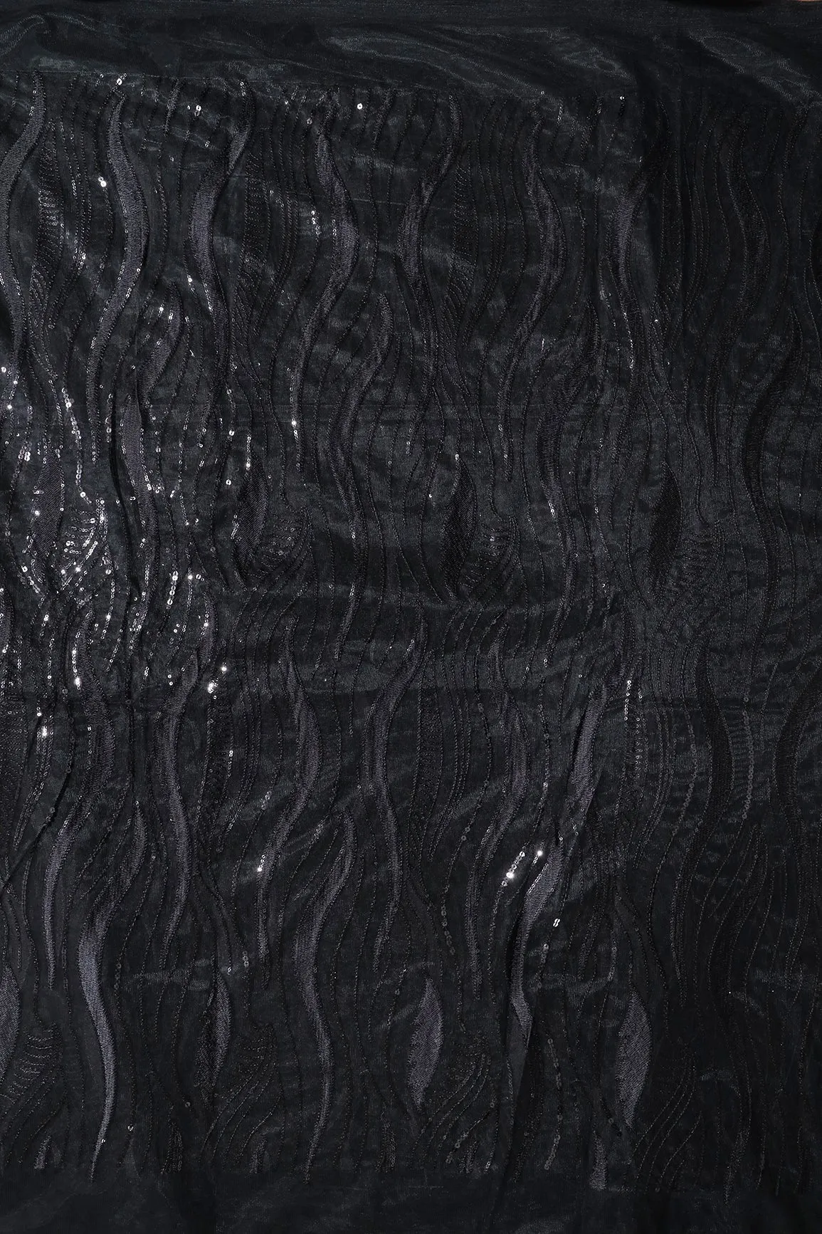Black Thread With Sequins Wavy Embroidery Work On Black Soft Net Fabric
