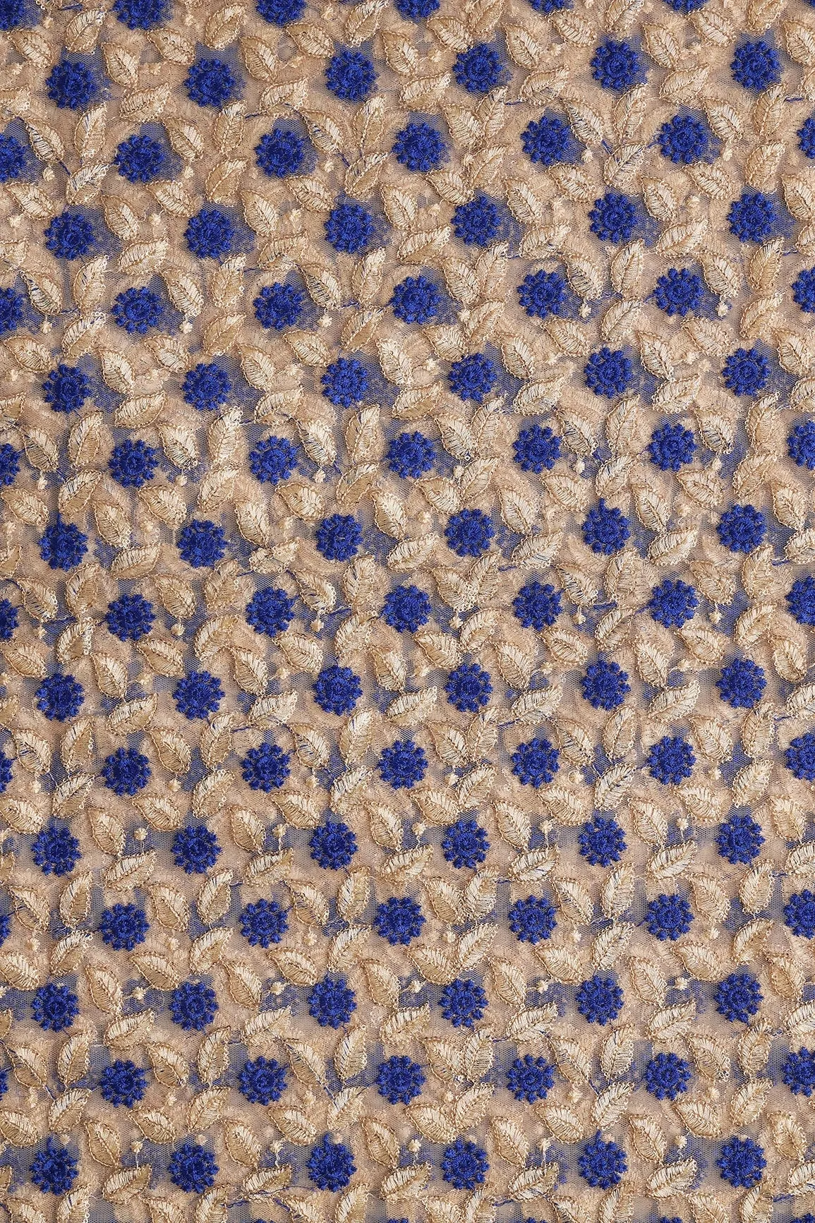 Blue And Beige Thread With Sequins Leafy Embroidery On Beige Soft Net Fabric