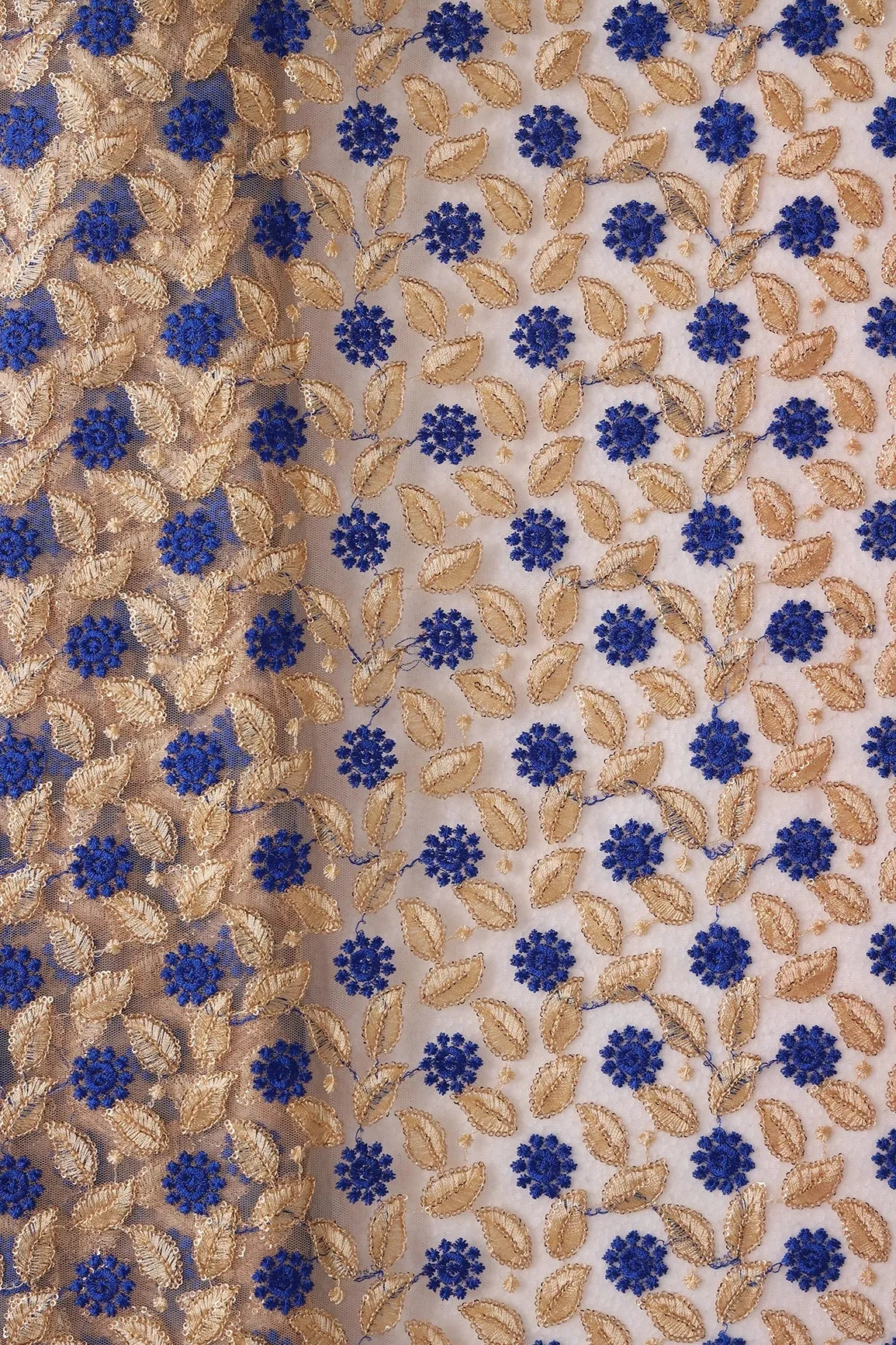 Blue And Beige Thread With Sequins Leafy Embroidery On Beige Soft Net Fabric