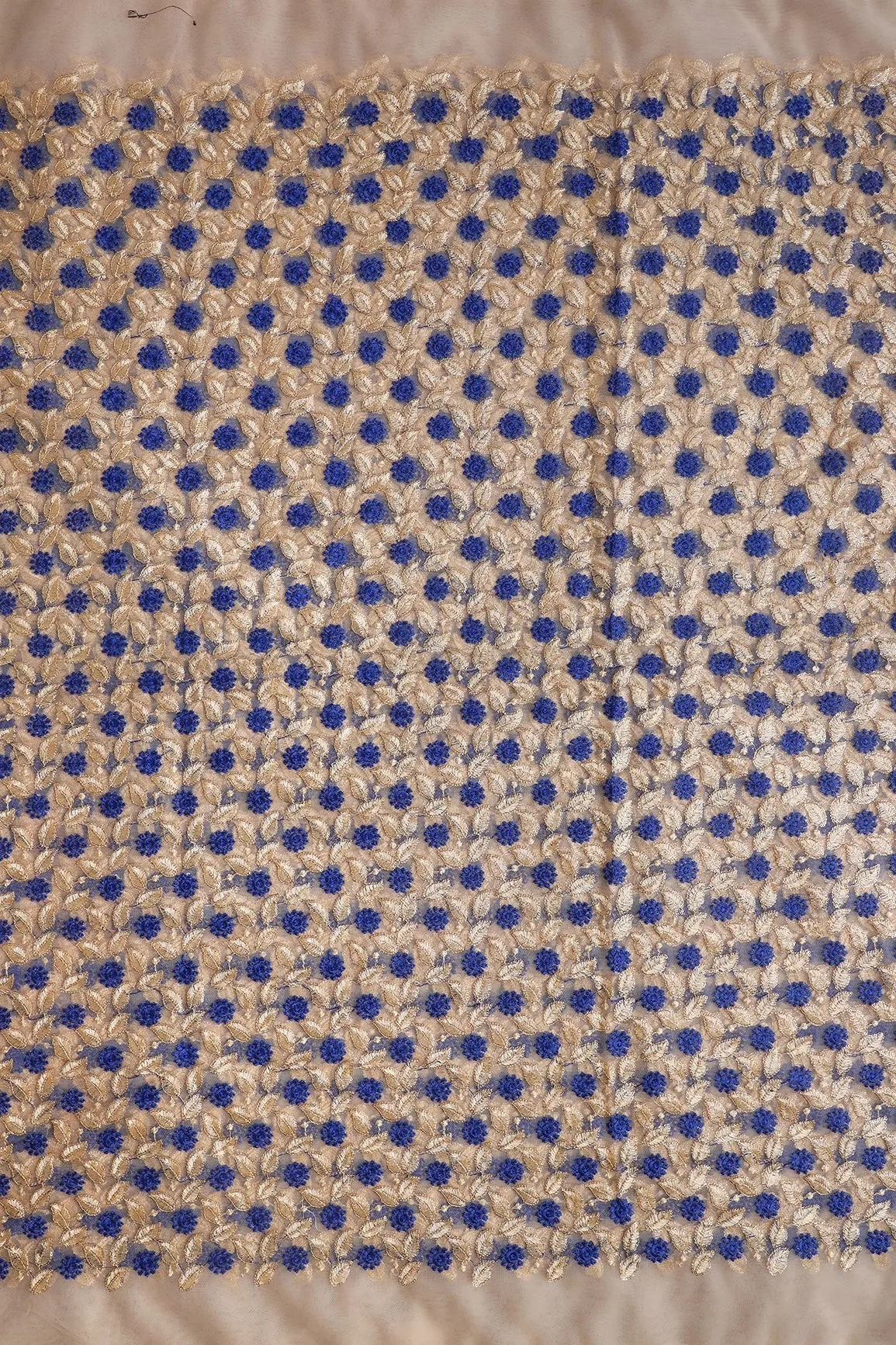 Blue And Beige Thread With Sequins Leafy Embroidery On Beige Soft Net Fabric