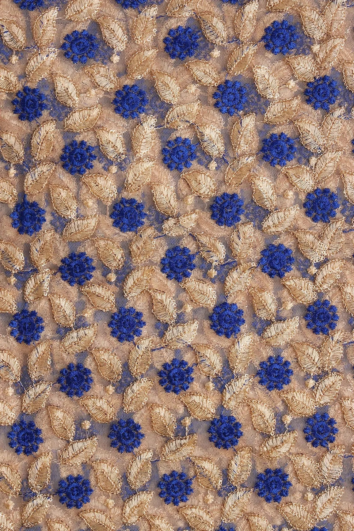 Blue And Beige Thread With Sequins Leafy Embroidery On Beige Soft Net Fabric