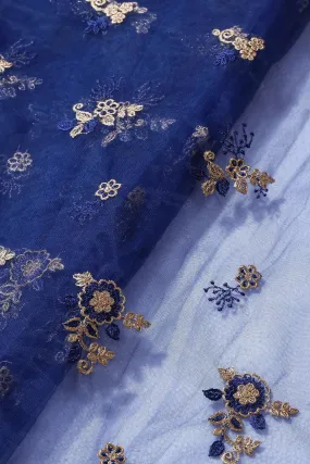 Blue Thread With Gold Zari Floral Embroidery Work On Navy Blue Soft Net Fabric