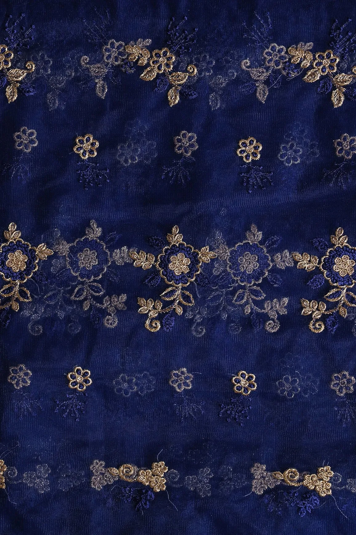 Blue Thread With Gold Zari Floral Embroidery Work On Navy Blue Soft Net Fabric