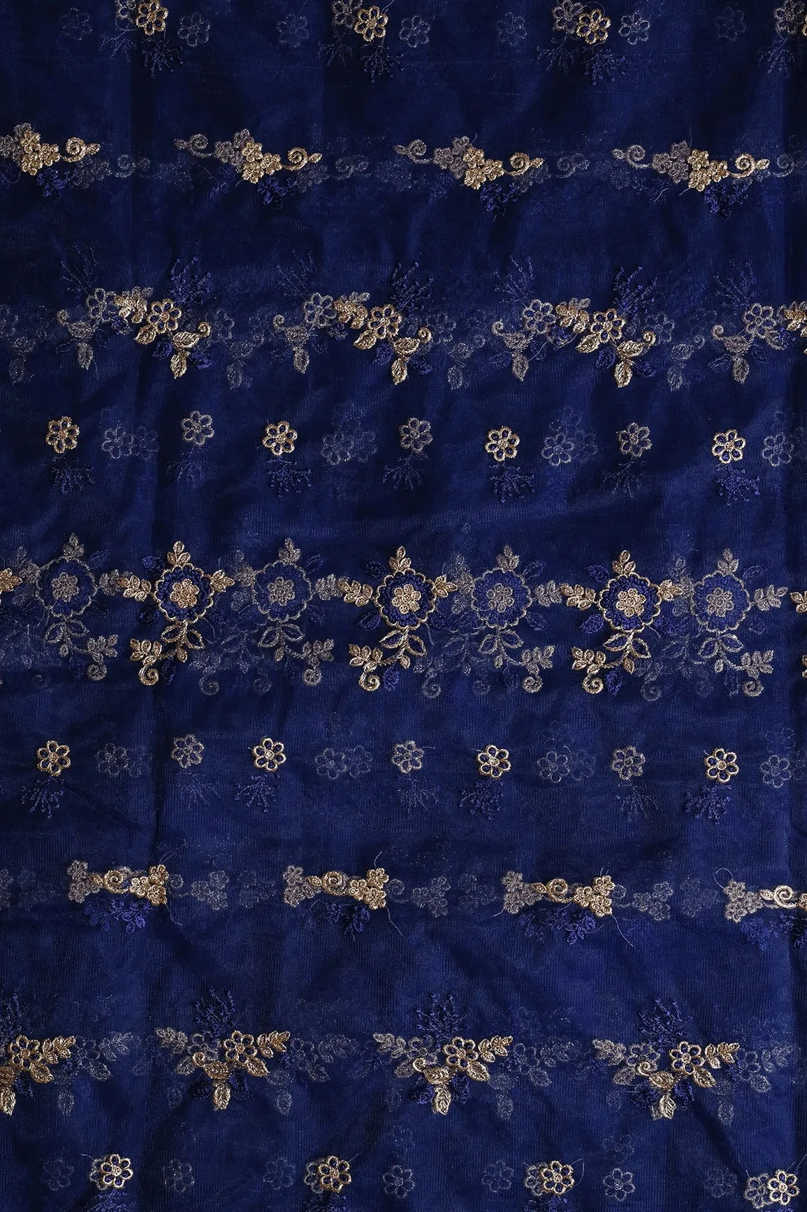 Blue Thread With Gold Zari Floral Embroidery Work On Navy Blue Soft Net Fabric