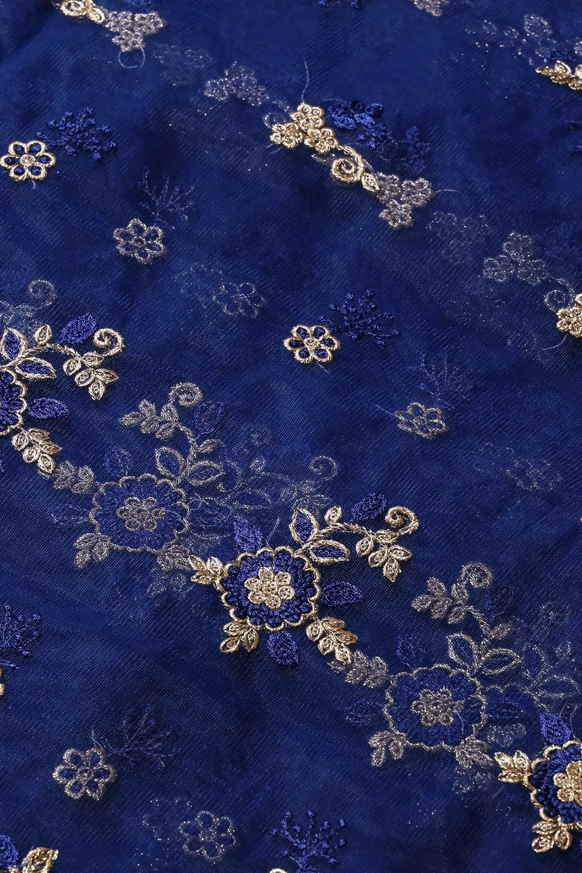 Blue Thread With Gold Zari Floral Embroidery Work On Navy Blue Soft Net Fabric