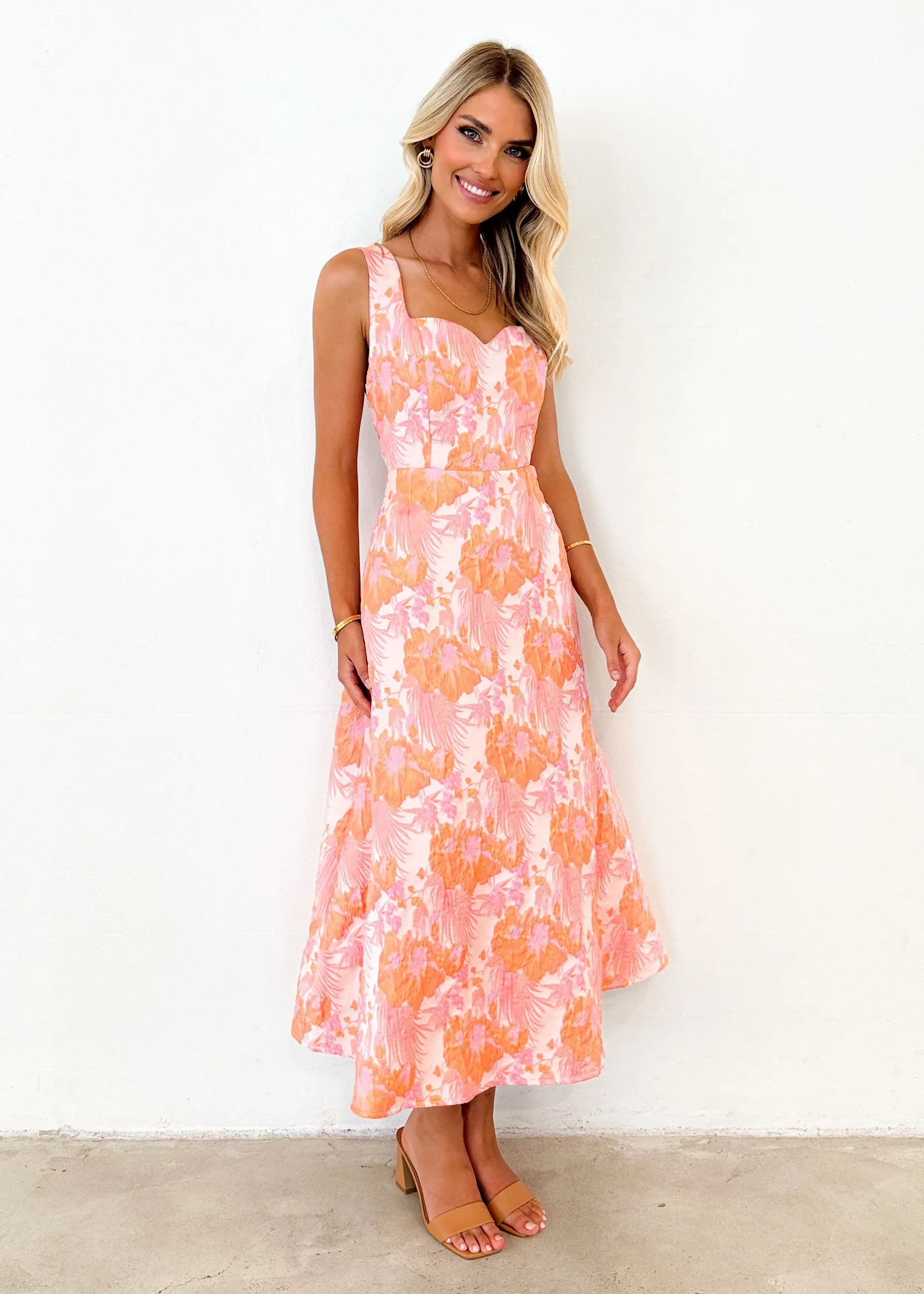 Callahan Midi Dress - Peach Jacquard