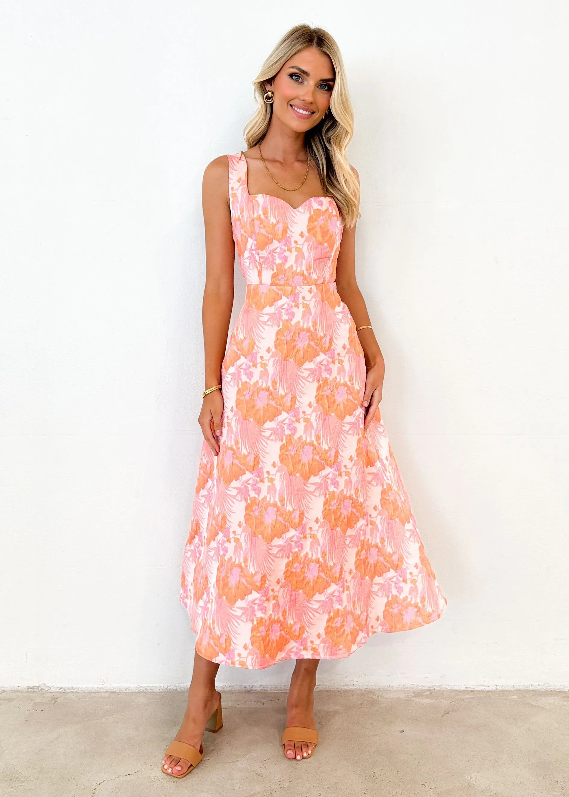 Callahan Midi Dress - Peach Jacquard