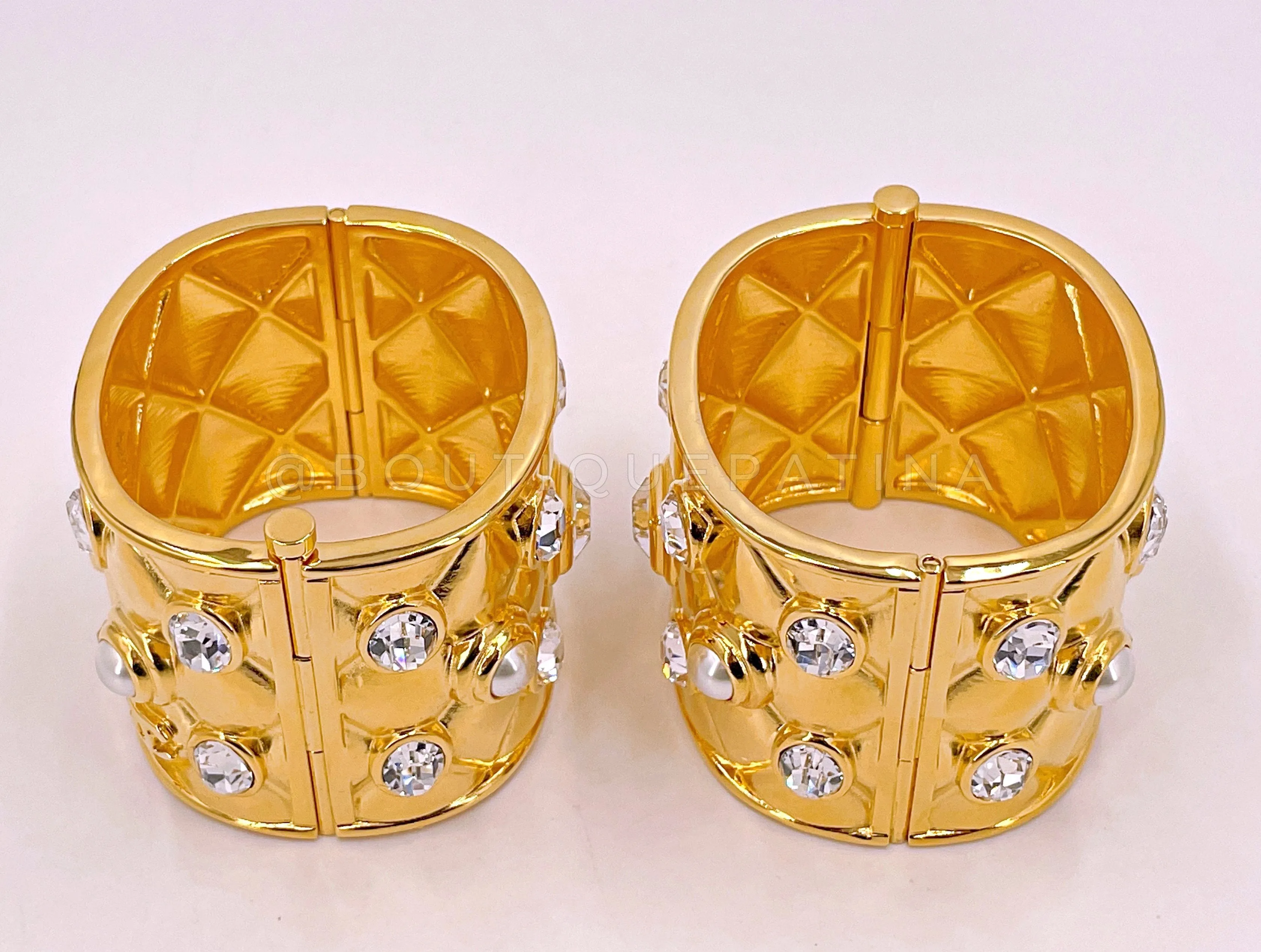Chanel 21A Quilted Crystal Pearl Cuff Bracelet Set of 2