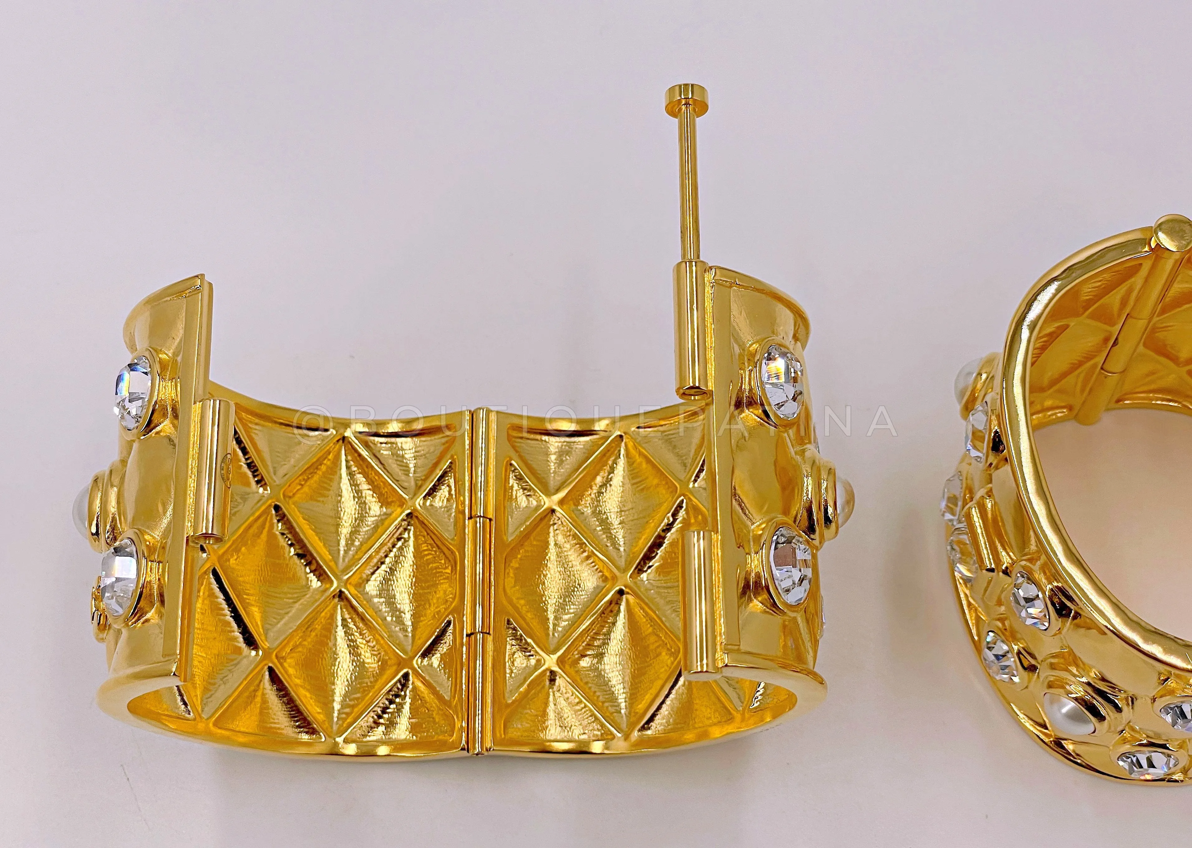 Chanel 21A Quilted Crystal Pearl Cuff Bracelet Set of 2