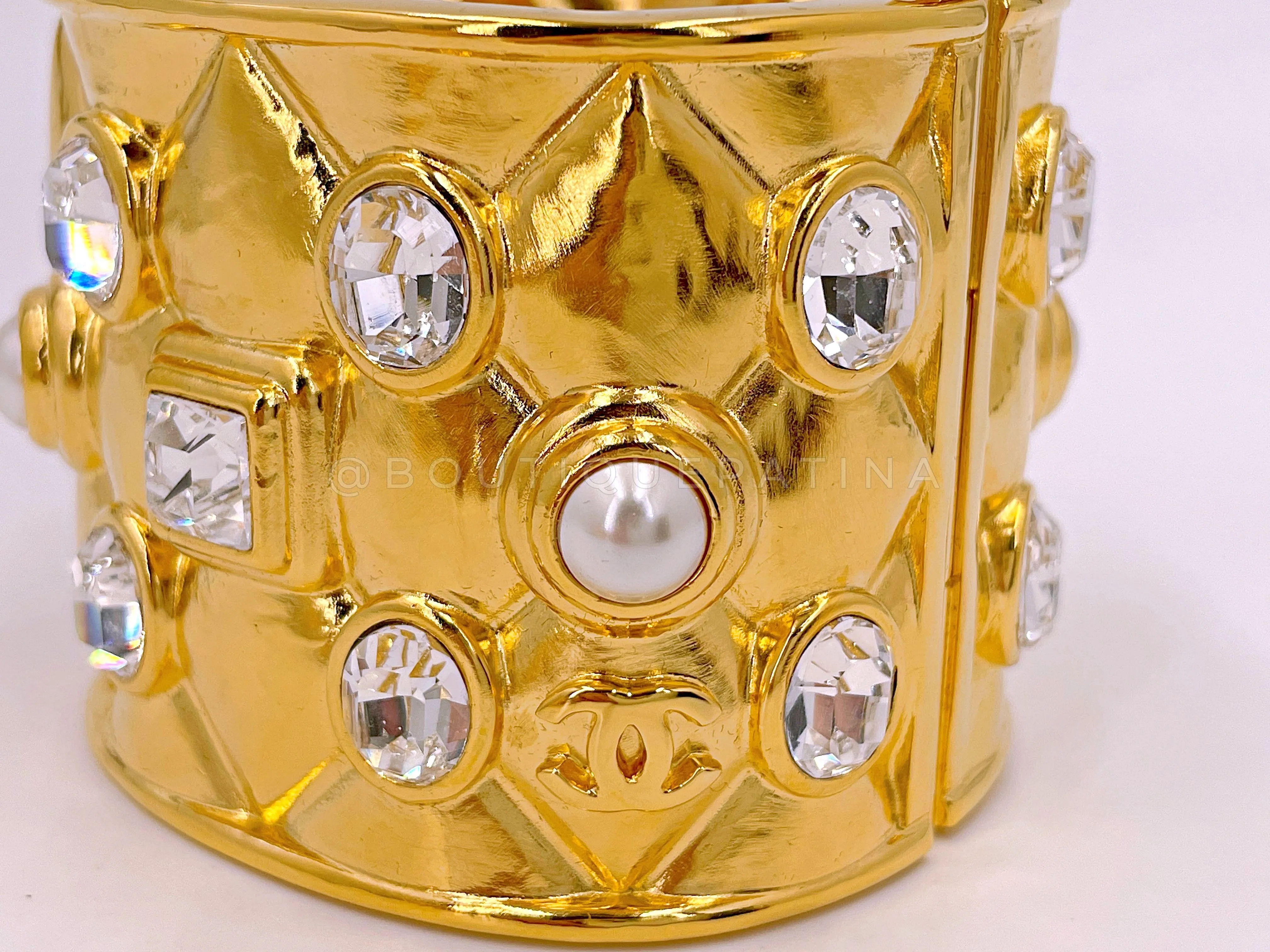Chanel 21A Quilted Crystal Pearl Cuff Bracelet Set of 2