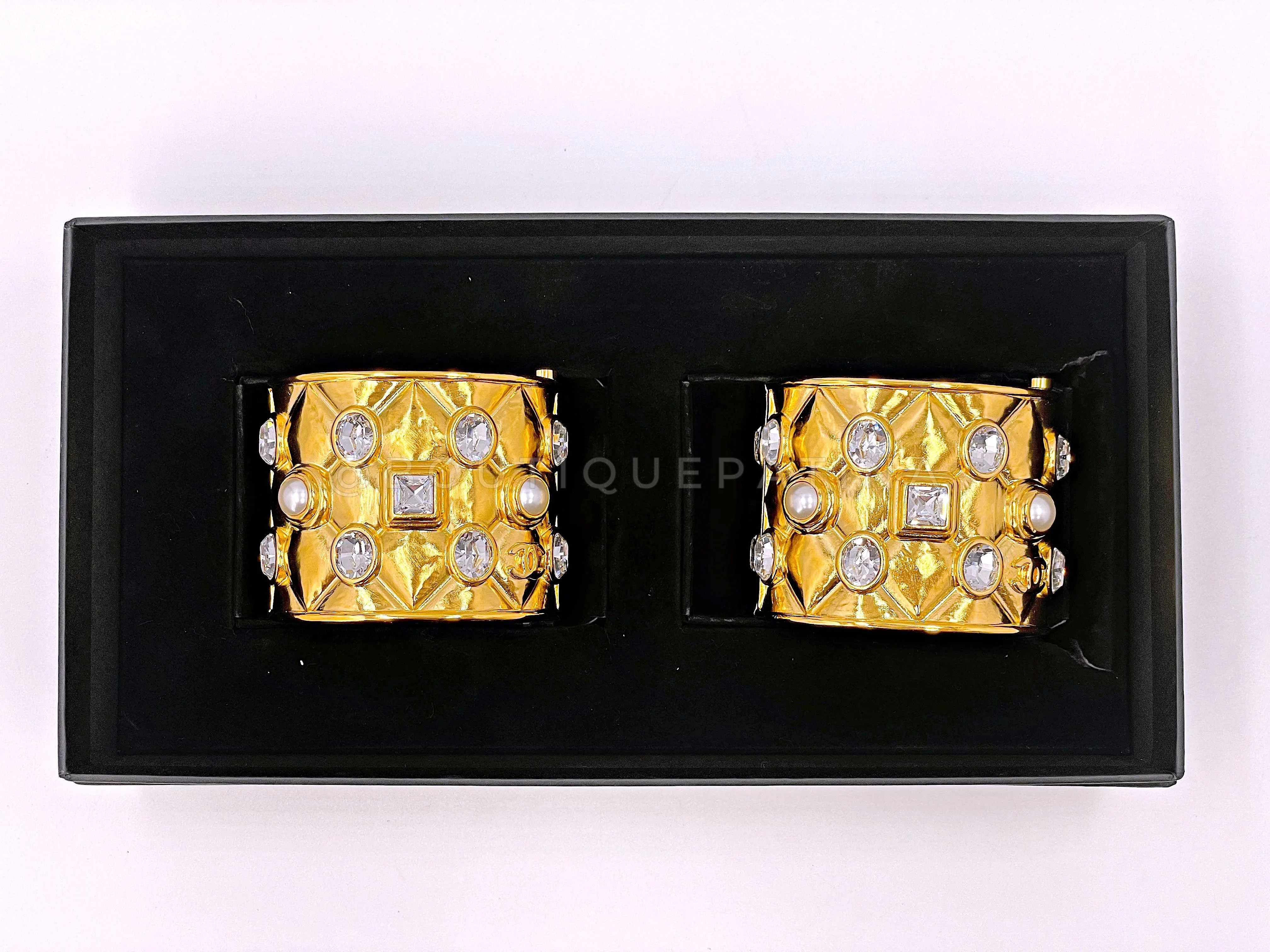 Chanel 21A Quilted Crystal Pearl Cuff Bracelet Set of 2