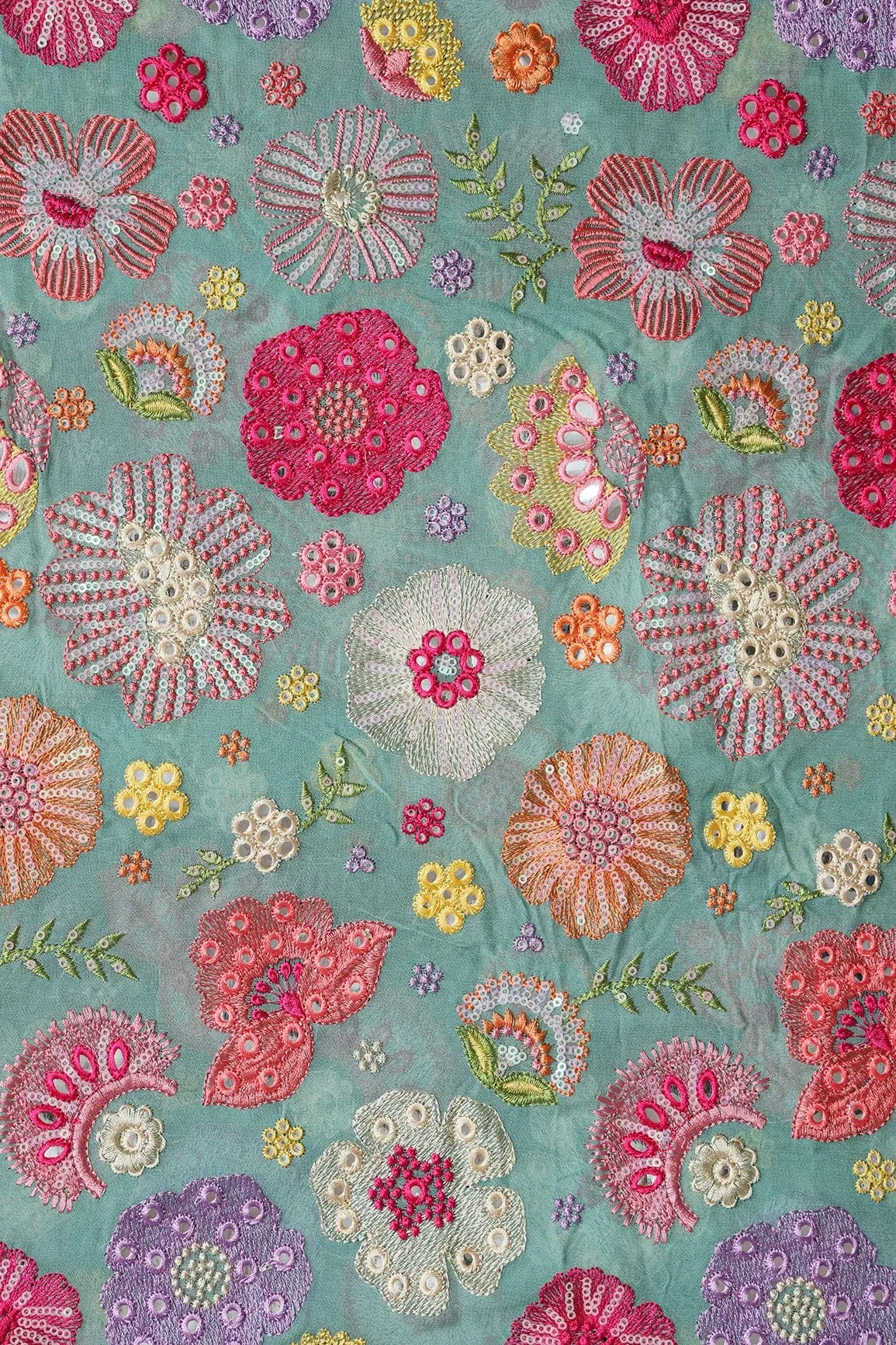 Exclusive Floral Designer Embroidery With Faux Mirror On Teal Viscose Georgette Fabric
