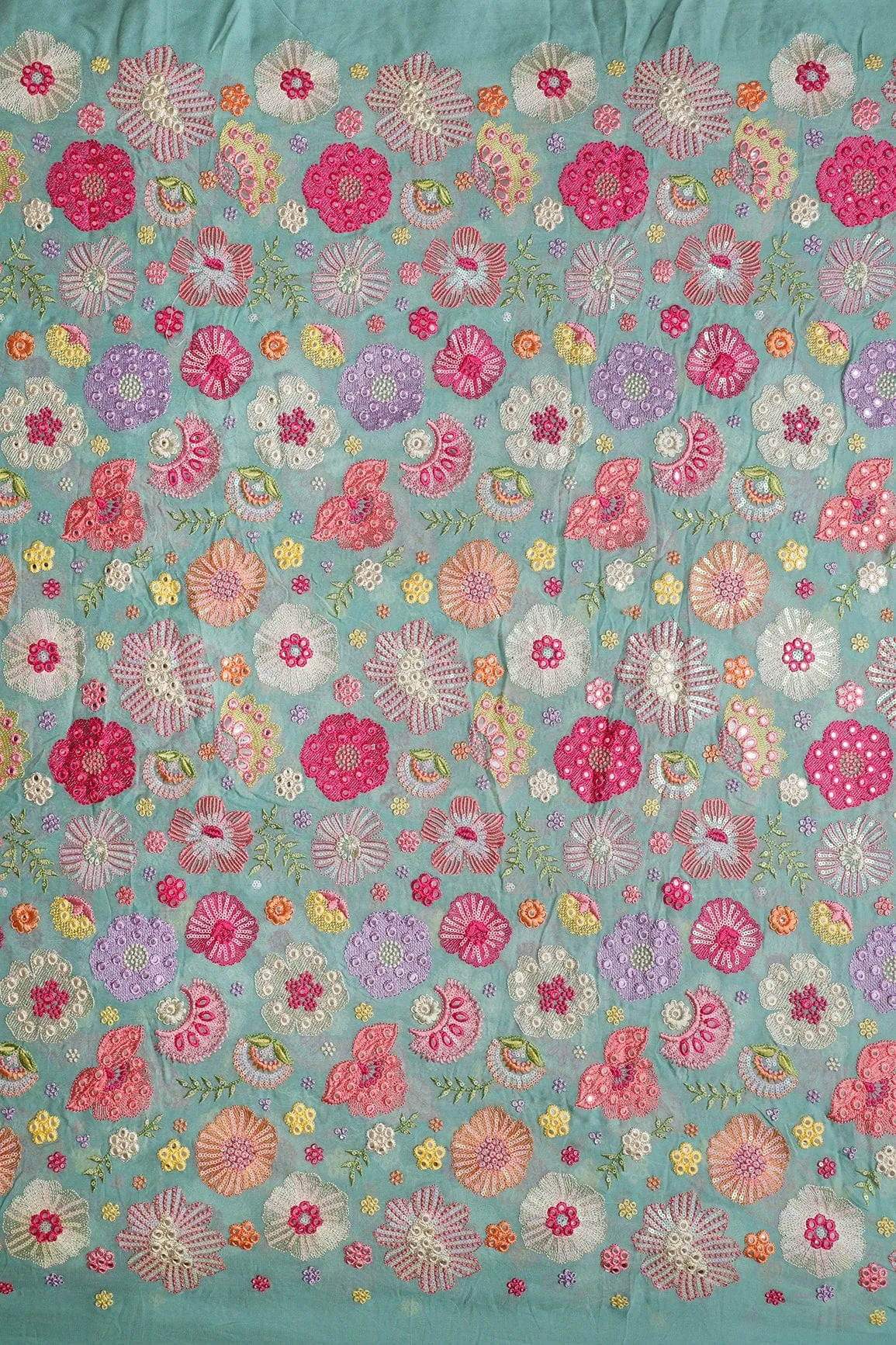 Exclusive Floral Designer Embroidery With Faux Mirror On Teal Viscose Georgette Fabric