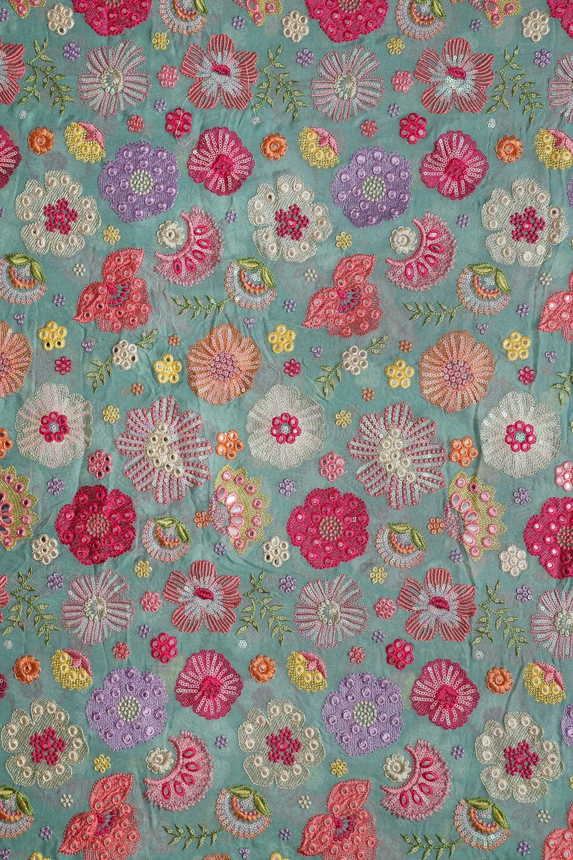Exclusive Floral Designer Embroidery With Faux Mirror On Teal Viscose Georgette Fabric