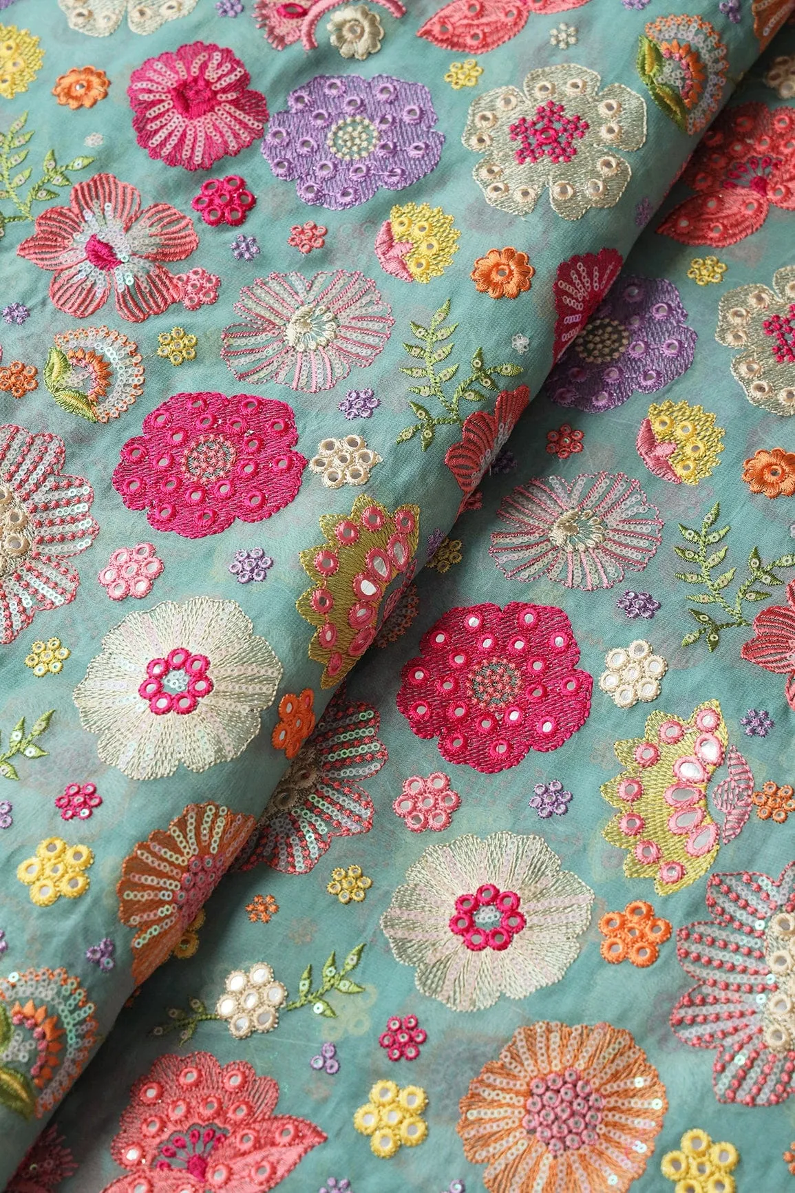Exclusive Floral Designer Embroidery With Faux Mirror On Teal Viscose Georgette Fabric