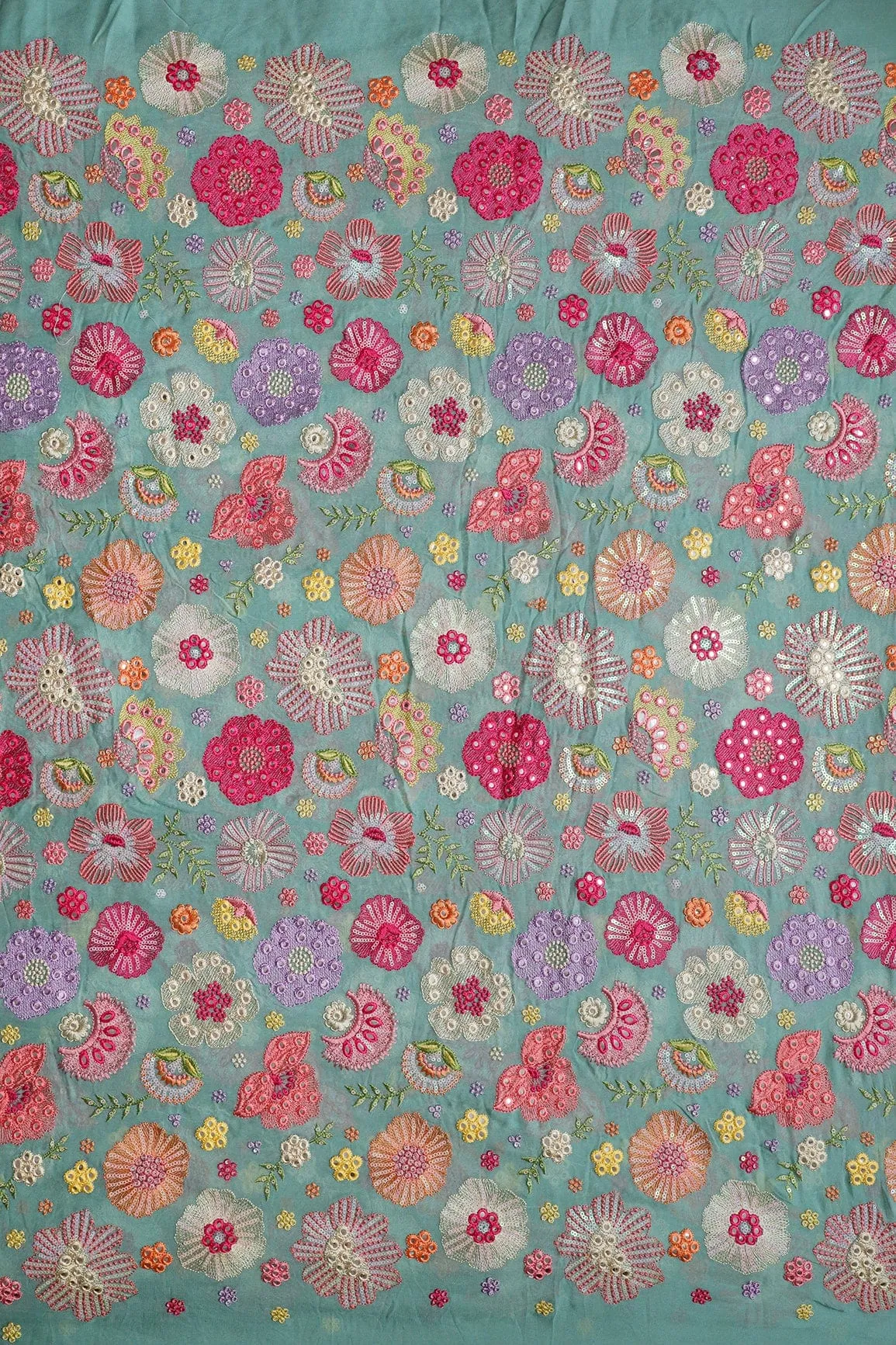 Exclusive Floral Designer Embroidery With Faux Mirror On Teal Viscose Georgette Fabric