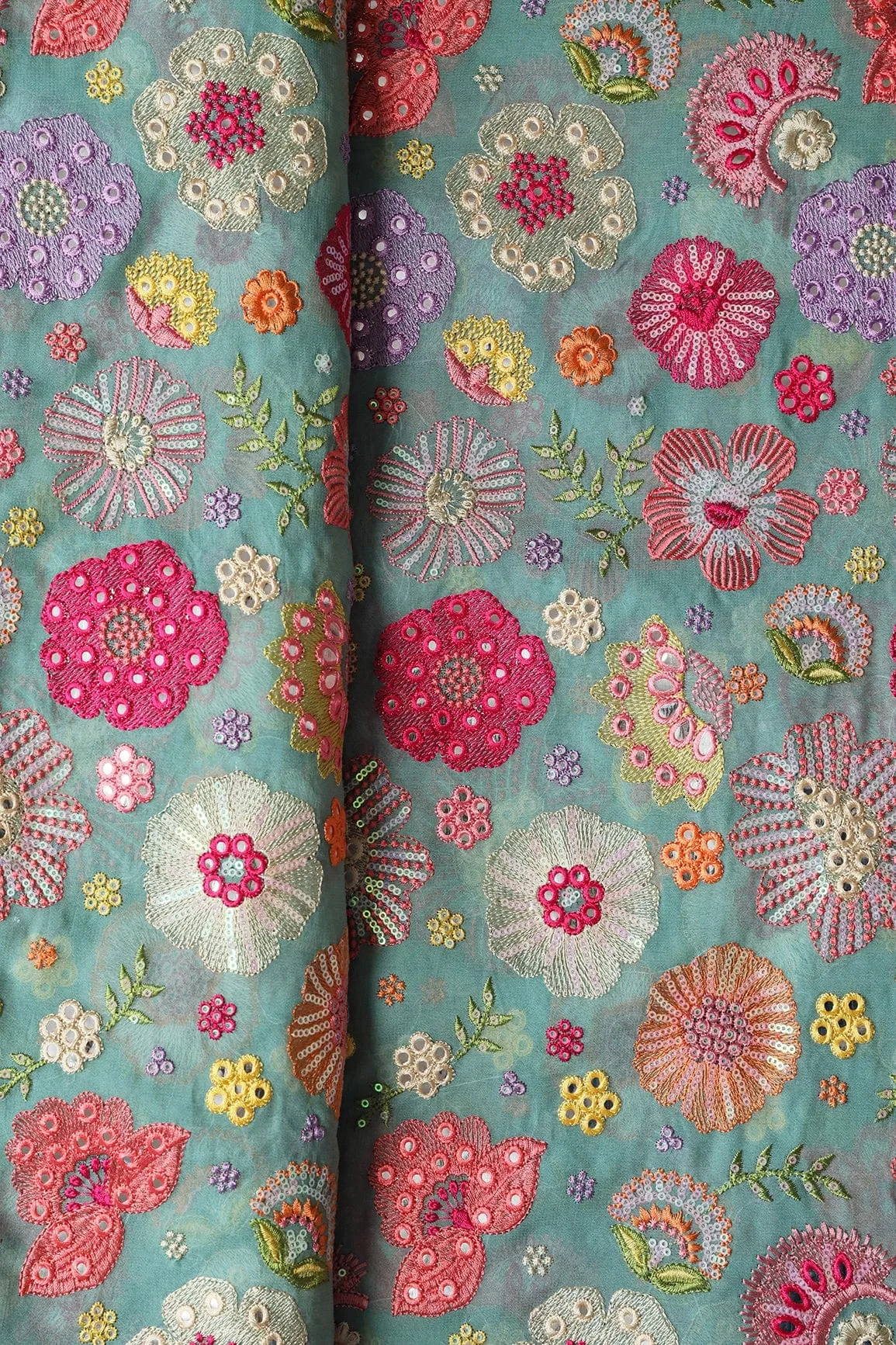 Exclusive Floral Designer Embroidery With Faux Mirror On Teal Viscose Georgette Fabric