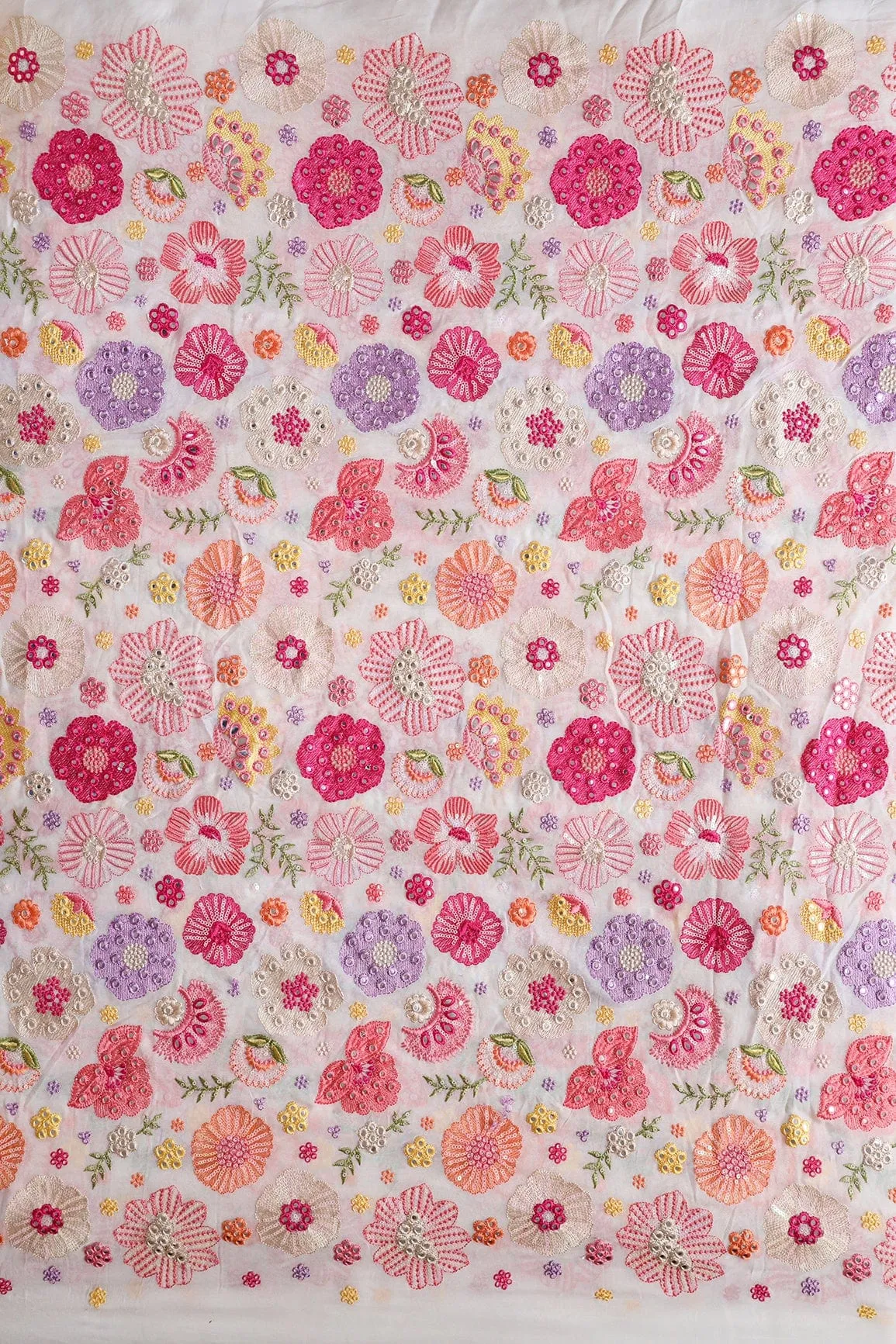 Exclusive Floral Designer Embroidery With Faux Mirror On White Viscose Georgette Fabric