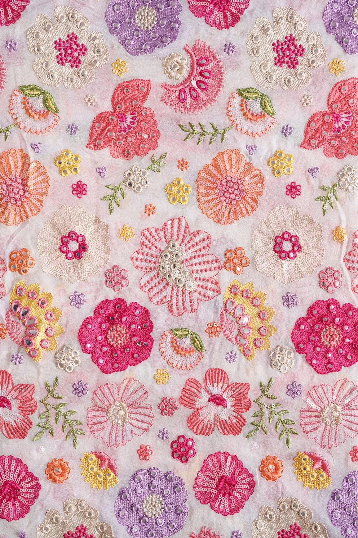 Exclusive Floral Designer Embroidery With Faux Mirror On White Viscose Georgette Fabric