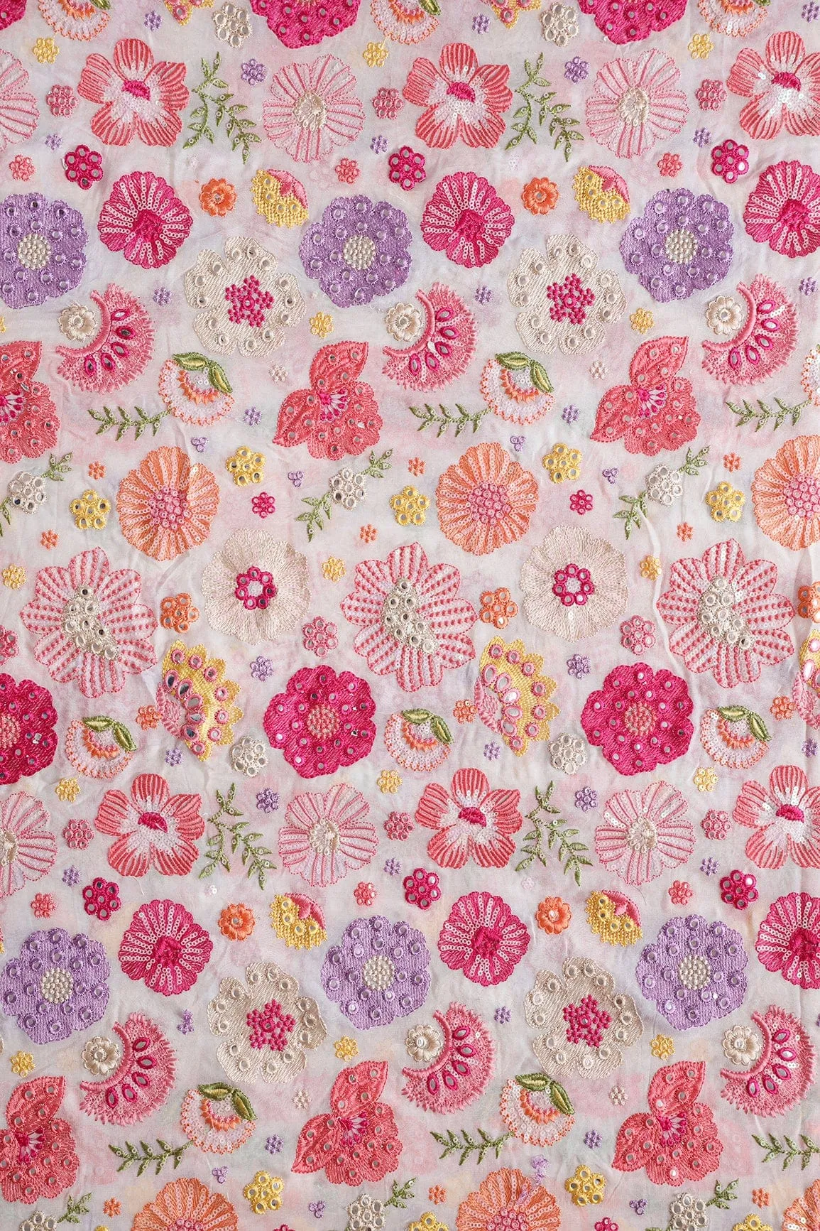 Exclusive Floral Designer Embroidery With Faux Mirror On White Viscose Georgette Fabric