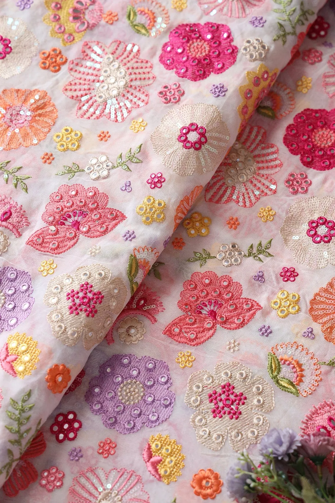 Exclusive Floral Designer Embroidery With Faux Mirror On White Viscose Georgette Fabric