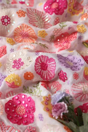 Exclusive Floral Designer Embroidery With Faux Mirror On White Viscose Georgette Fabric