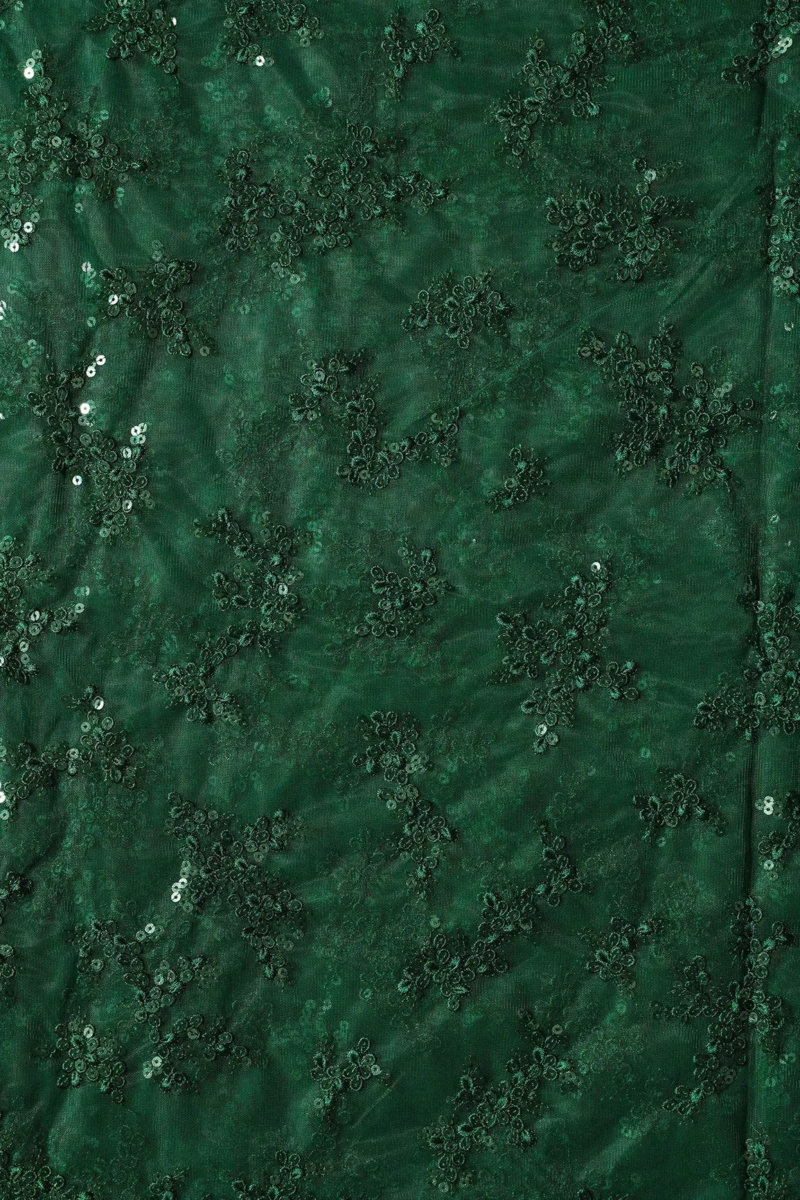 Exclusive Green Thread With Sequins Abstract Embroidery Work On Bottle Green Soft Net Fabric
