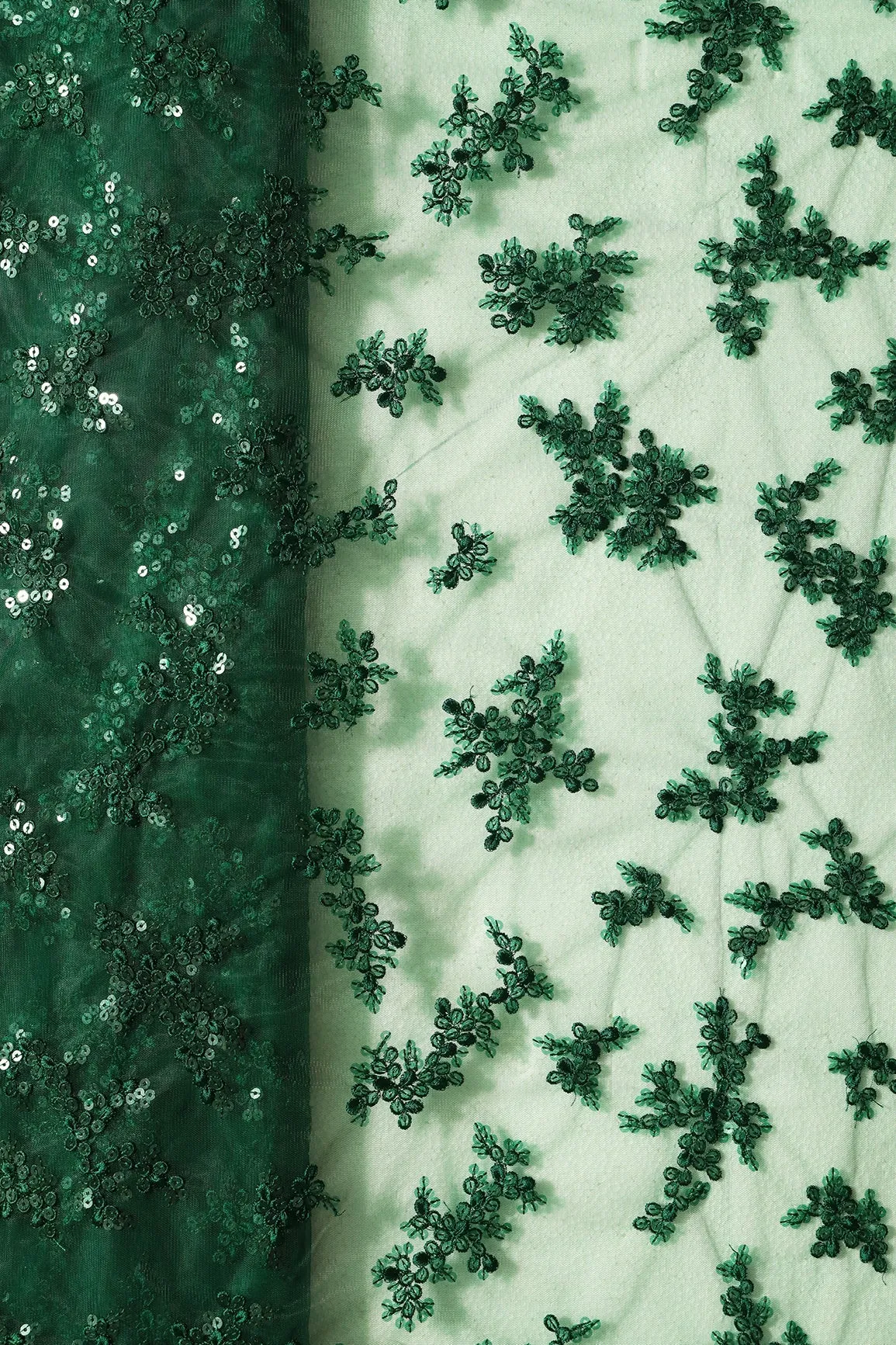 Exclusive Green Thread With Sequins Abstract Embroidery Work On Bottle Green Soft Net Fabric