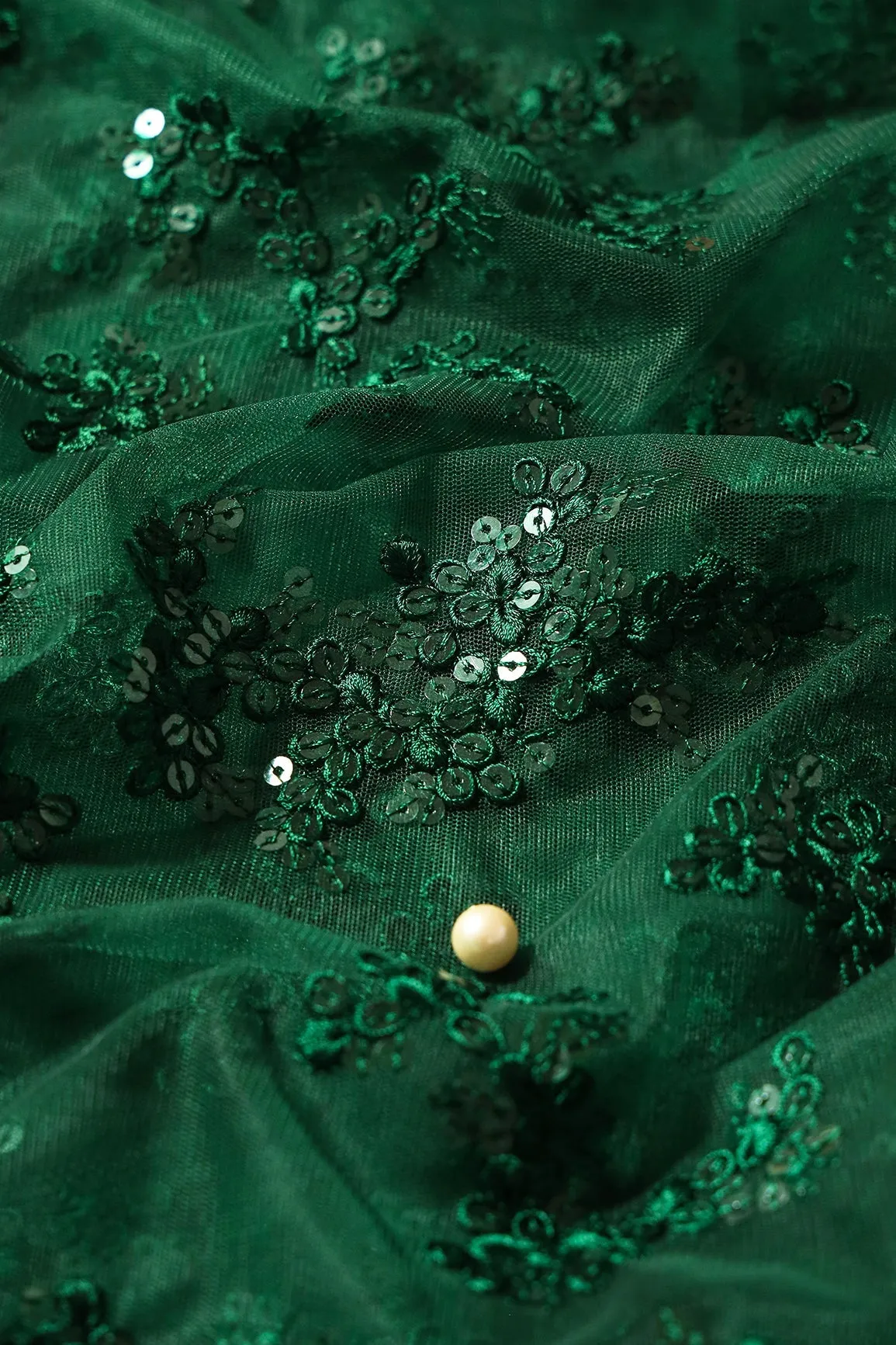 Exclusive Green Thread With Sequins Abstract Embroidery Work On Bottle Green Soft Net Fabric