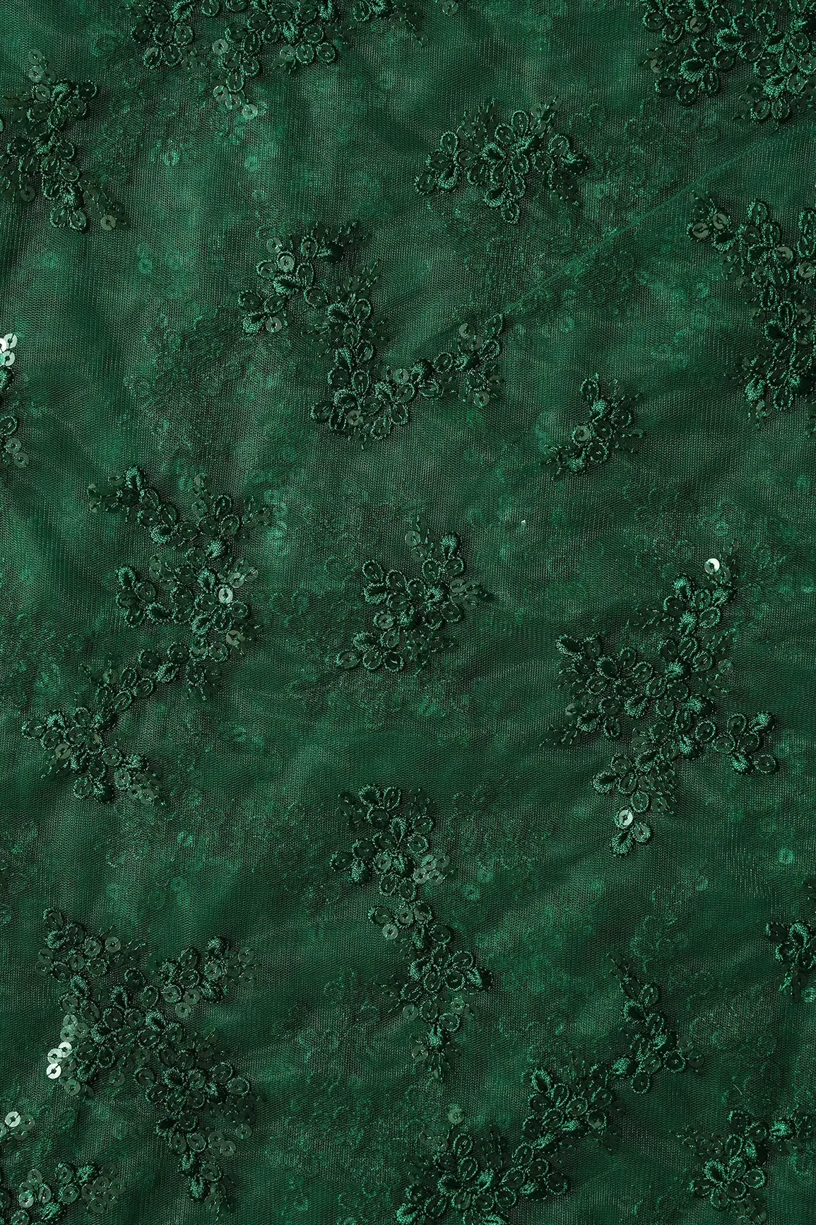 Exclusive Green Thread With Sequins Abstract Embroidery Work On Bottle Green Soft Net Fabric