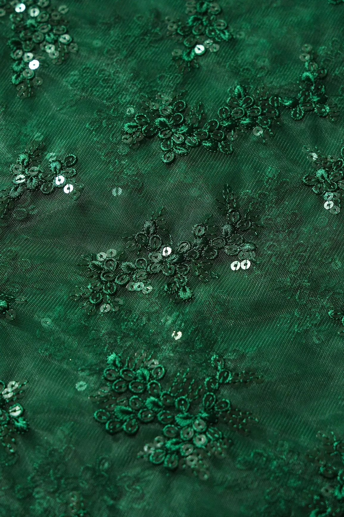 Exclusive Green Thread With Sequins Abstract Embroidery Work On Bottle Green Soft Net Fabric