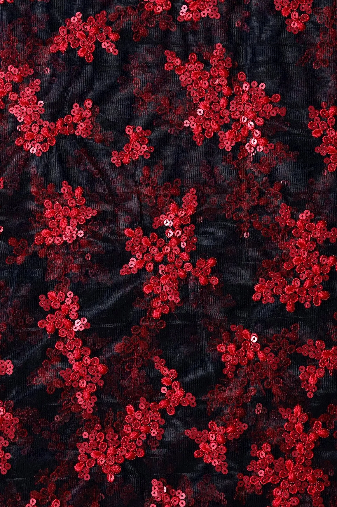 Exclusive Red Thread With Sequins Abstract Embroidery Work On Black Soft Net Fabric