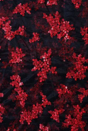 Exclusive Red Thread With Sequins Abstract Embroidery Work On Black Soft Net Fabric