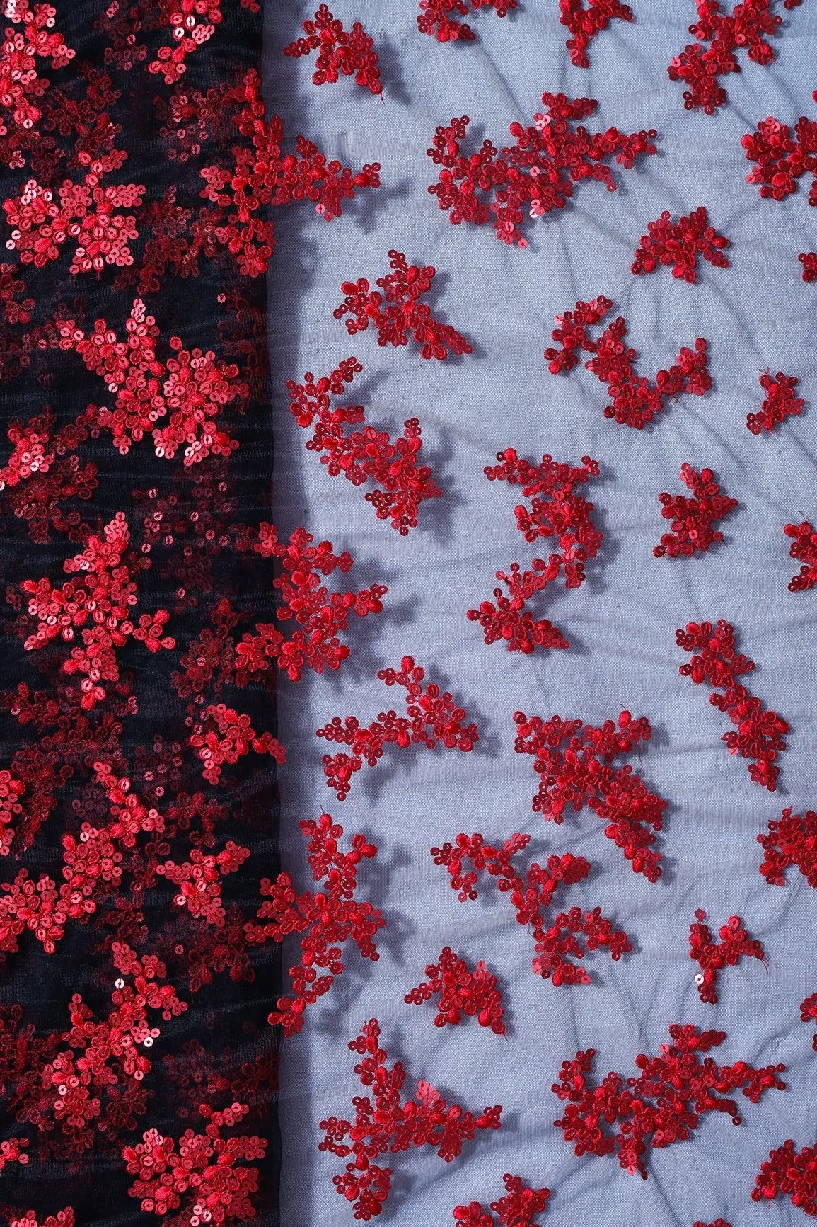 Exclusive Red Thread With Sequins Abstract Embroidery Work On Black Soft Net Fabric