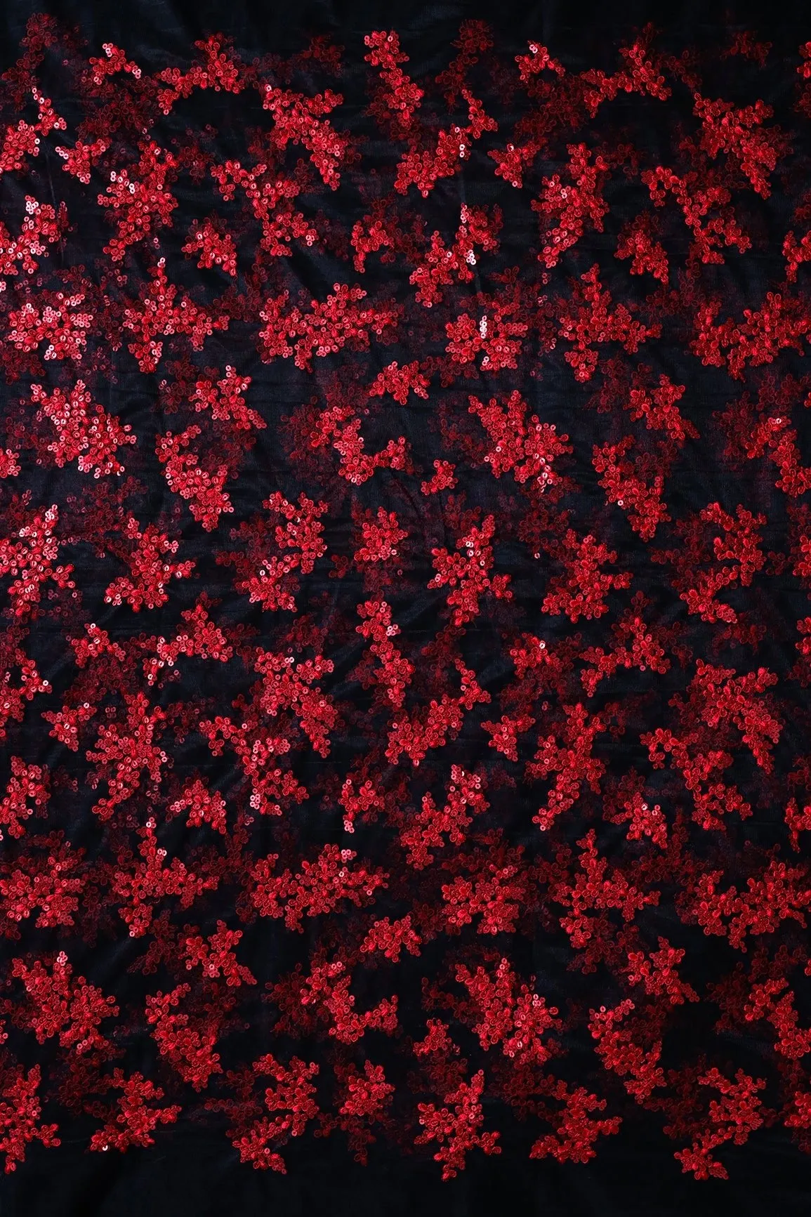 Exclusive Red Thread With Sequins Abstract Embroidery Work On Black Soft Net Fabric